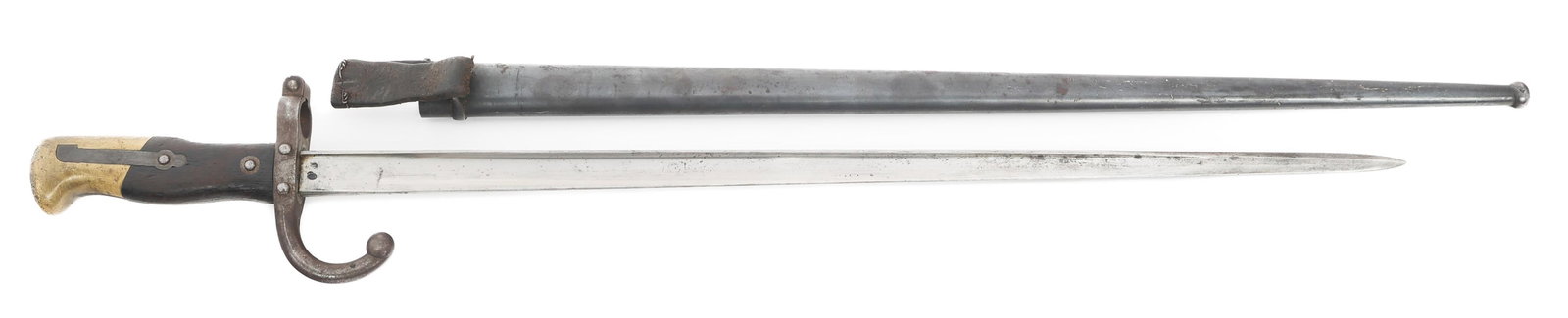19TH C. FRENCH M1874 GRAS BAYONET AND SCABBARD: 19TH C. FRENCH M1874 GRAS BAYONET AND SCABBARD M1874 Gras Bayonet. Bright, straight, T-back blade. Maker marked on the spine Manufacture d' Armes de St. Etienne Avril 1879. Steel crossguard with quill
