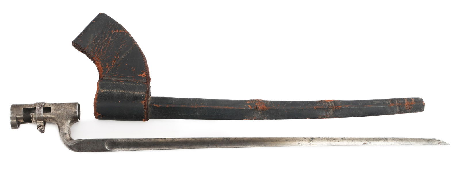 US M1855 SOCKET BAYONET WITH SHEATH: US M1855 SOCKET BAYONET WITH SHEATH US M1855 Socket Bayonet. Tri-cruciform, straight, bright blade. Stamped M on lock ring, lock ring screw, and body near muzzle. Unmarked leather scabbard. Blade Leng