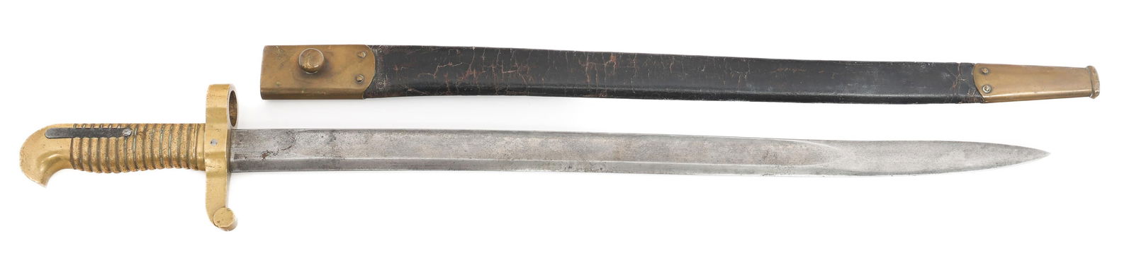 CIVIL WAR US M1862 ZOUAVE YATAGHAN SWORD BAYONET: CIVIL WAR US M1862 ZOUAVE YATAGHAN SWORD BAYONET Civil War US M1862 Zouave Yataghan Sword Bayonet. Single edged, bright blade with fuller. Brass hilt with ribbed grip, P and C inspection stamps on the