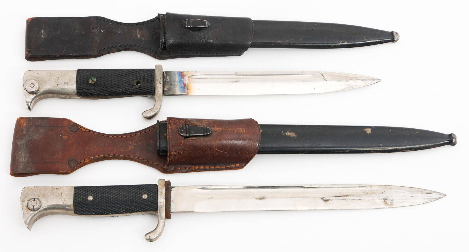 WWII GERMAN K98 DRESS BAYONETS by E & F HORSTER: WWII GERMAN K98 DRESS BAYONETS by E & F HORSTER WWII German K98 Dress Bayonets. (1) K98 Bayonet. Single edged, bright blade. Maker marked by E & F Horster on the ricasso. Plated steel hilt. One black