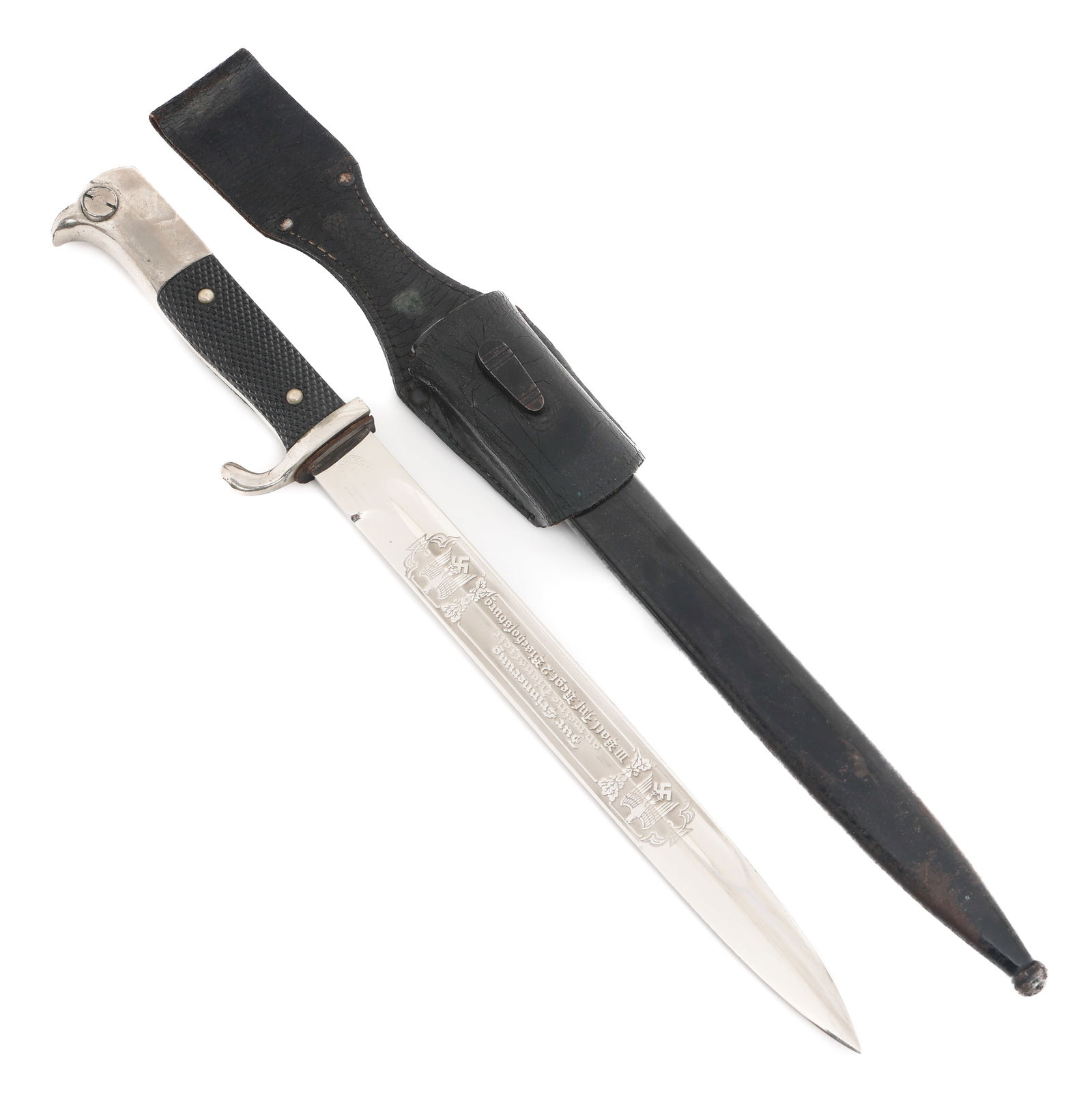 WWII GERMAN HEER DEDICATION K98 DRESS BAYONET: WWII GERMAN HEER DEDICATION K98 DRESS BAYONET WWII German Heer Dedication K98 Dress Bayonet. Single edged, bright blade. Single side acid etched with floral and patriotic patters. Maker marked by F.W.