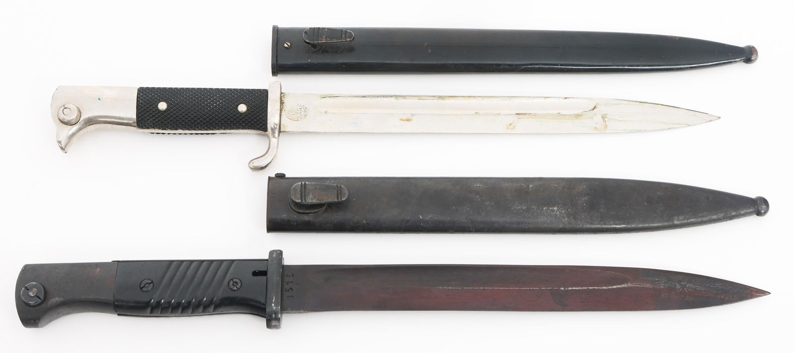 WWII GERMAN K98 COMBAT & DRESS BAYONETS: WWII GERMAN K98 COMBAT & DRESS BAYONETS WWII German K98 Combat and Dress Bayonets. (1) Combat K98. Single edged, blued blade. Marked 42cvl and serial numbered 1515 on the ricasso. Steel hilt with bake