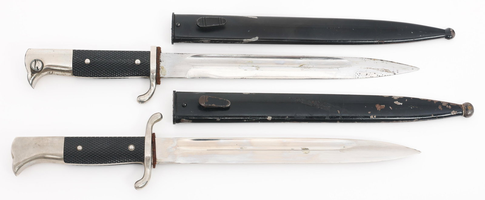 WWII GERMAN K98 DRESS BAYONETS by ALCOSO & SPITZER: WWII GERMAN K98 DRESS BAYONETS by ALCOSO & SPITZER WWII German K98 Dress Bayonets. (1) K98. Single edged, bright blade with fuller. Maker marked by Alcoso on the ricasso. Leather buffer pad. Nickel-si