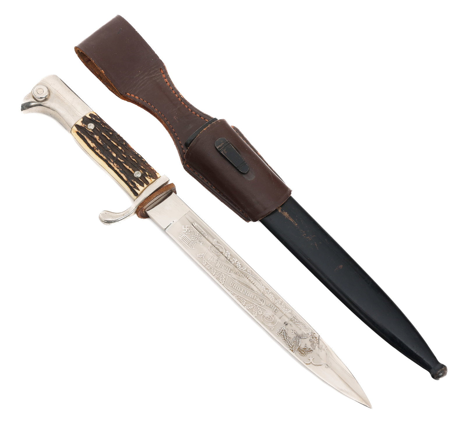 WWII GERMAN K98 ETCHED DRESS BAYONET by SPITZER: WWII GERMAN K98 ETCHED DRESS BAYONET by SPITZER WWII German K98 Dress Bayonet. Single edged, bright blade with fuller. Single acid etched blade with commemorative designs. Maker marked by Gustav Spitz