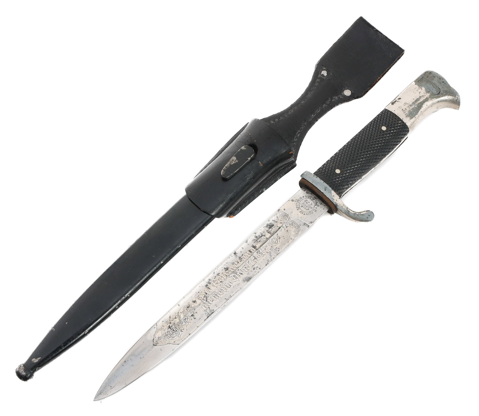 WWII GERMAN K98 ETCHED DRESS BAYONET by SPITZER: WWII GERMAN K98 ETCHED DRESS BAYONET by SPITZER WWII German K98 Etched Dress Bayonet. Single edged, bright blade with fuller. Commemorative service acid etched design on one side. Maker marked by Gust