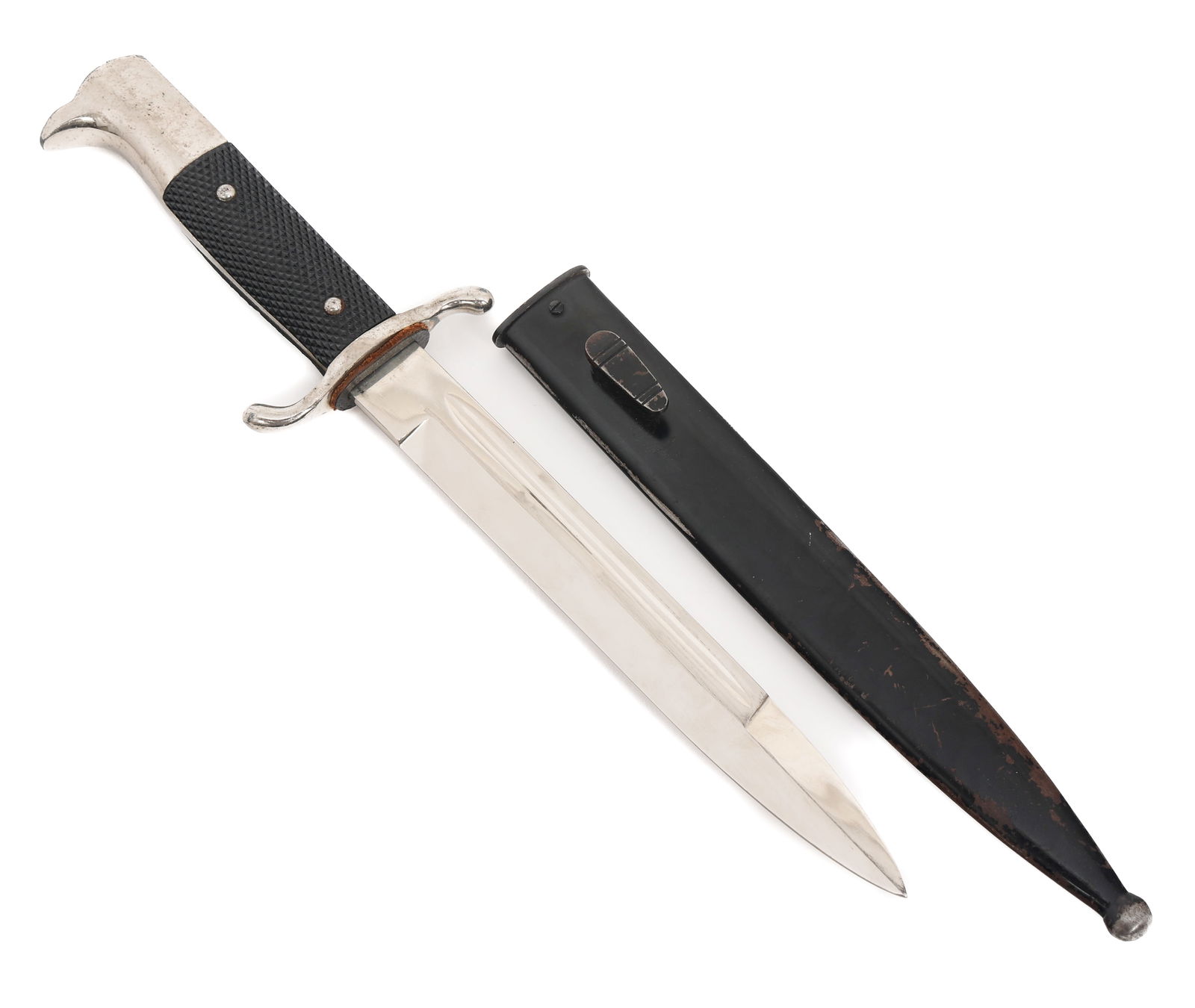 WWII GERMAN FIREMAN K98 BAYONET WITH SCABBARD: WWII GERMAN FIREMAN K98 BAYONET WITH SCABBARD WWII German Fireman K98 Bayonet. Single edged, bright blade. No visible stamps. Leather buffer pad. Nickel-silver hilt with checkered black bakelite grips