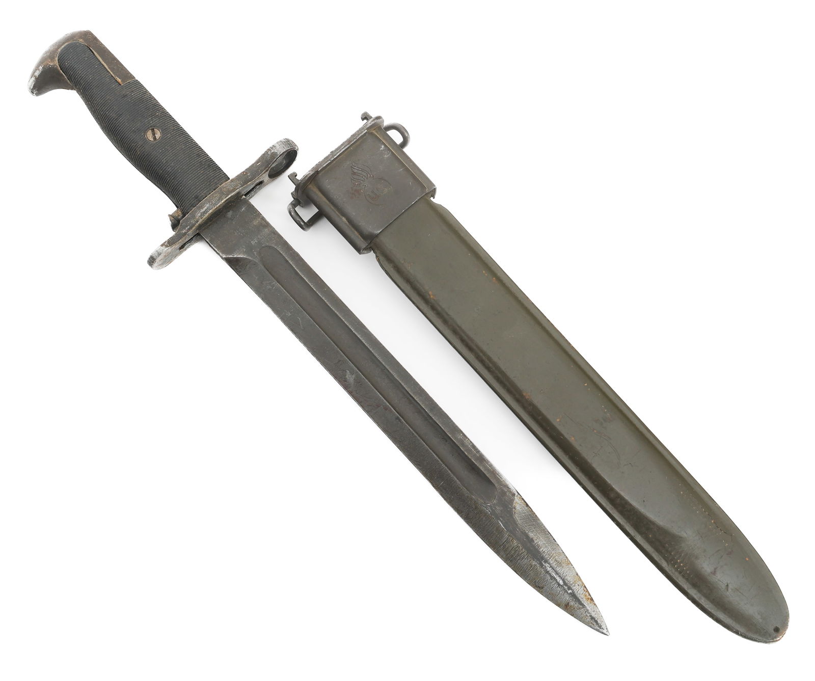 WWII US M1 BAYONET by UTICA CUTLERY WITH SCABBARD: WWII US M1 BAYONET by UTICA CUTLERY WITH SCABBARD WWII US M1 Bayonet. Single edged, blued blade. Maker marked by Utica Cutlery with US and Ordnance department flaming bomb stamped on the ricasso. Stee