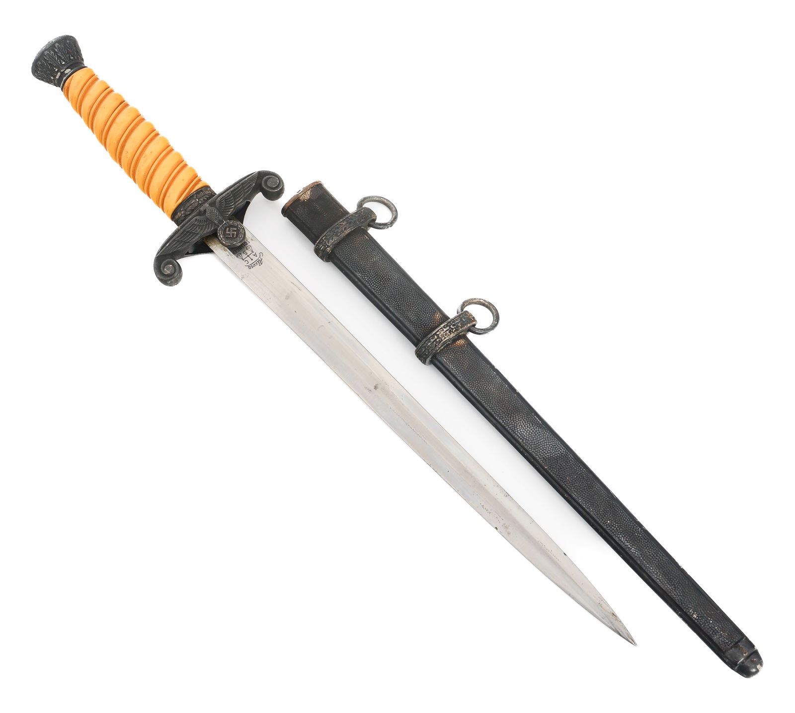WWII GERMAN HEER M35 OFFICER DAGGER by ALCOSO: WWII GERMAN HEER M35 OFFICER DAGGER by ALCOSO WWII German Heer M35 Officer Dagger. Double edged, bright blade. Maker marked Alcoso. Leather buffer pad. Alloy based hilt, steel ferrule and orange cellu