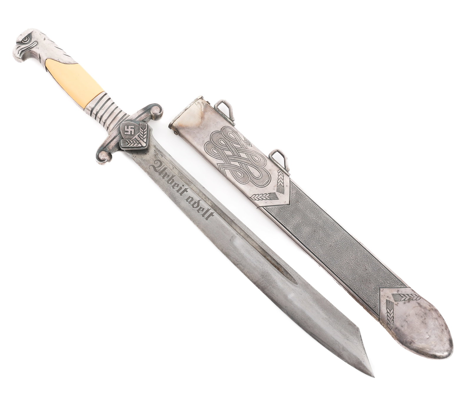 WWII GERMAN RAD OFFICER DRESS DAGGER by EICKHORN: WWII GERMAN RAD OFFICER DRESS DAGGER by EICKHORN WWII German RAD Officer Dress Dagger by Eickhorn. Single edged, bright blade with acid etched motto Arbeit adelt on one side. Maker marked by Carl Eick
