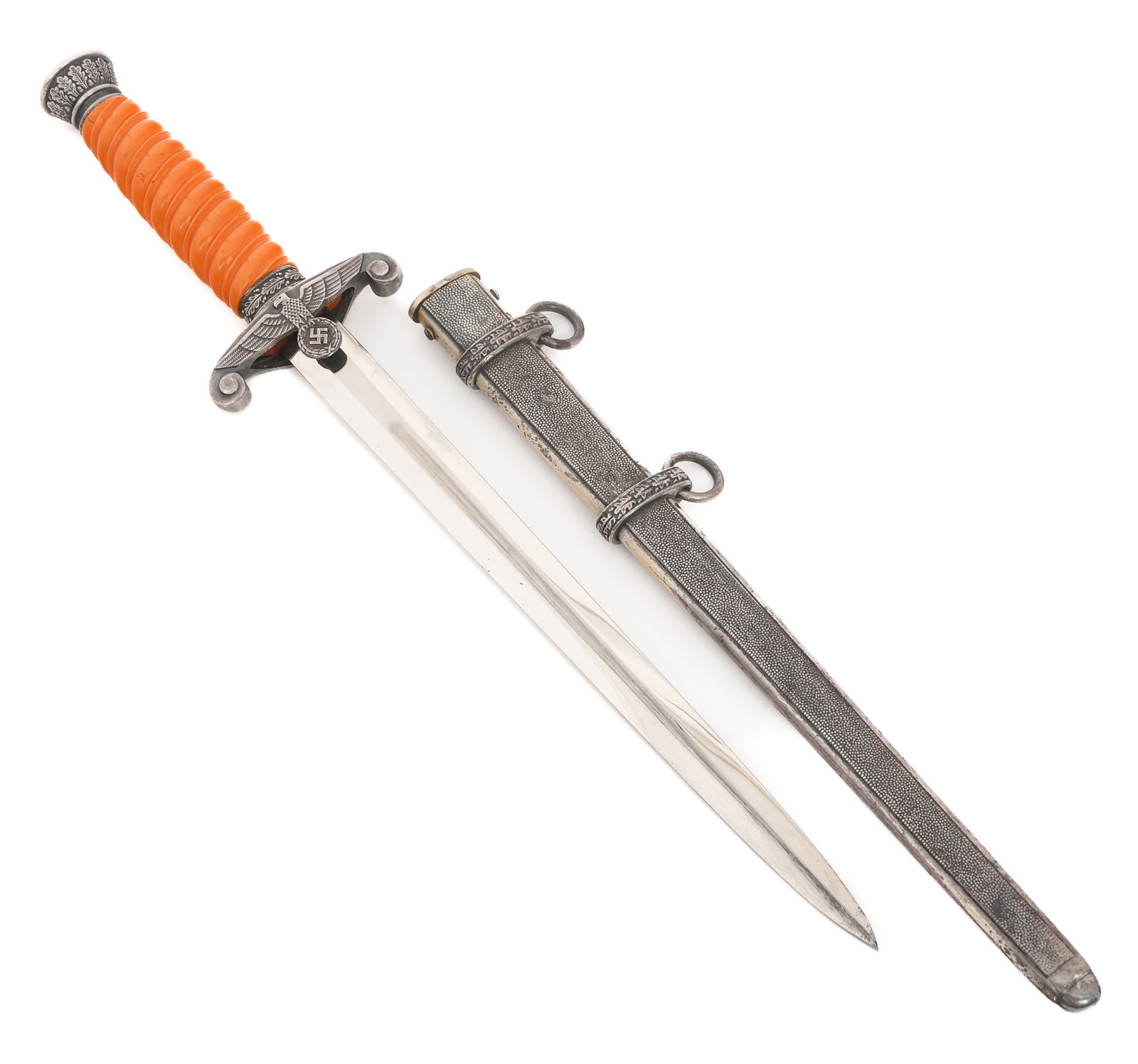 WWII GERMAN HEER M35 OFFICER DAGGER by EMIL VOOS: WWII GERMAN HEER M35 OFFICER DAGGER by EMIL VOOS WWII German Heer M35 Officer Dagger. Double edged, bright blade. Maker mark of Emil Voos etched on the ricasso. Leather buffer pad. Alloy based hilt, s