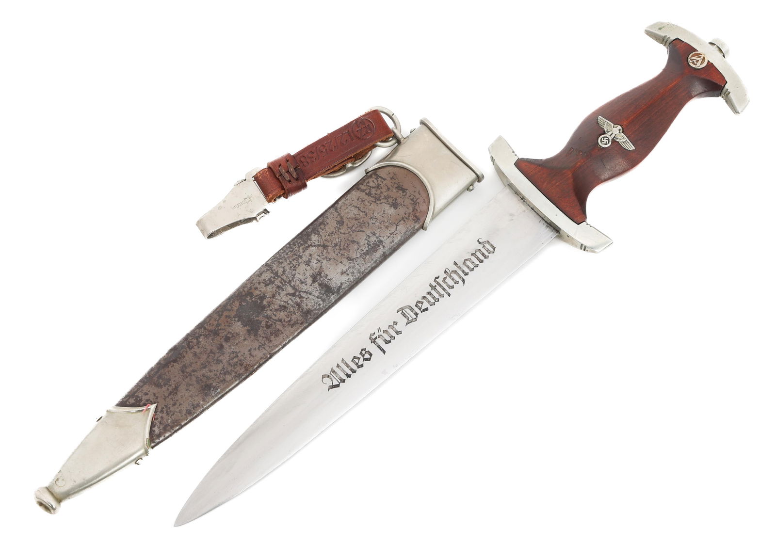 WWII GERMAN SA DRESS DAGGER by GOTTFRIED MULLER: WWII GERMAN SA DRESS DAGGER by GOTTFRIED MULLER WWII German SA Dress Dagger. Double edged, bright blade with acid etched motto Alles fur Deutschland on light grey background. Slightly visible crossgra
