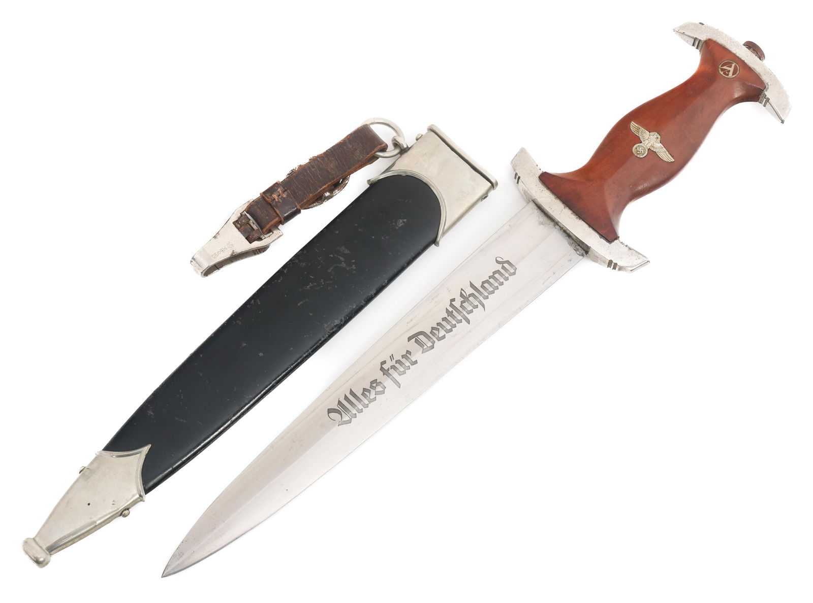 WWII GERMAN NSKK DRESS DAGGER by RZM M7/12: WWII GERMAN NSKK DRESS DAGGER by RZM M7/12 WWII German NSKK Dress Dagger. Double edged, bright blade with acid etched motto Alles Fur Deutschland in light grey background. Visible crossgrain. Maker ma
