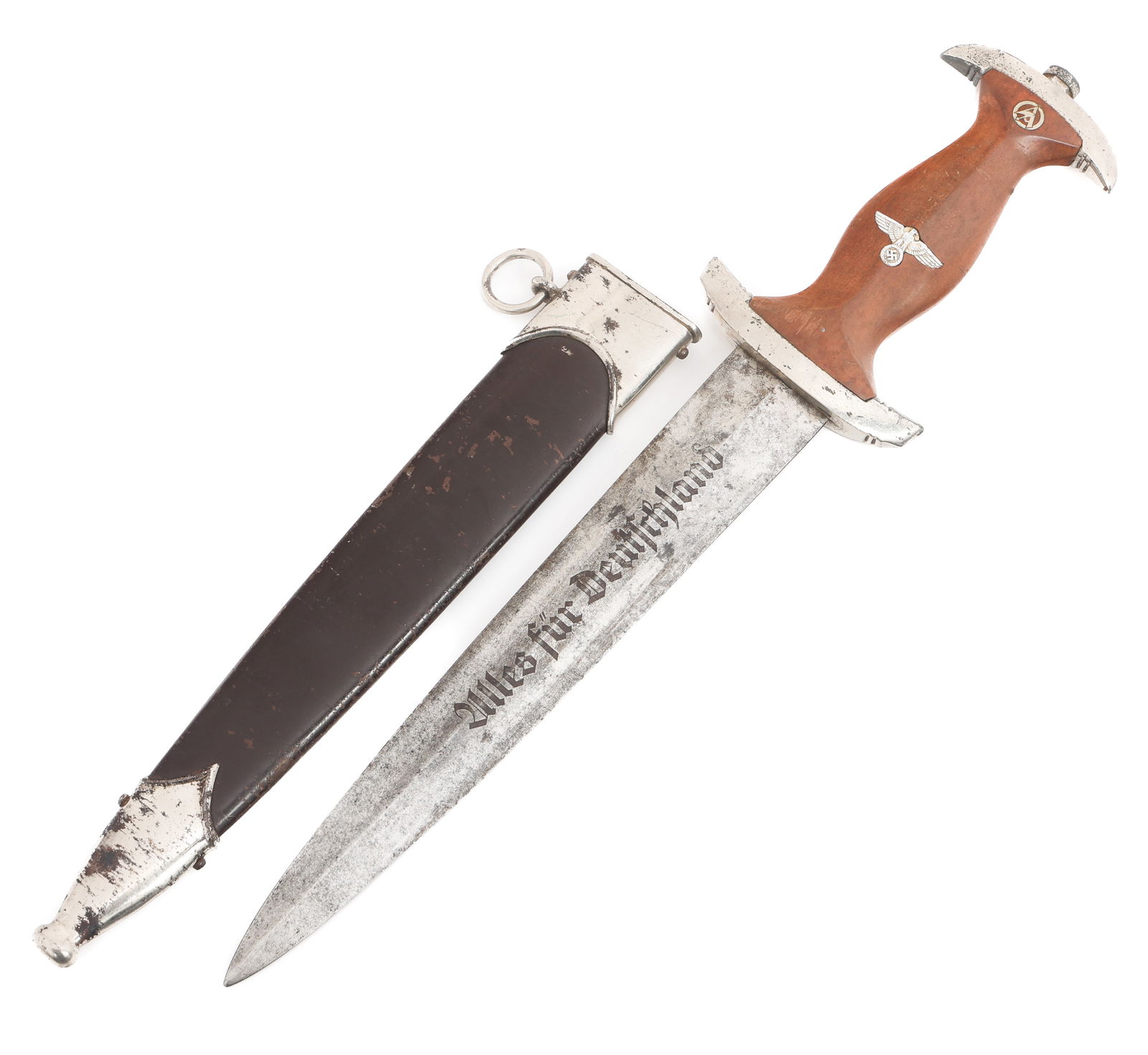 WWII GERMAN SA DRESS DAGGER by RZM M7/67/41: WWII GERMAN SA DRESS DAGGER by RZM M7/67/41 WWII German SA "Sturmabteilung" Dress Dagger. Double edged, bright blade with acid etched motto Alles Fur Deutschland in dark grey background. Slightly visi