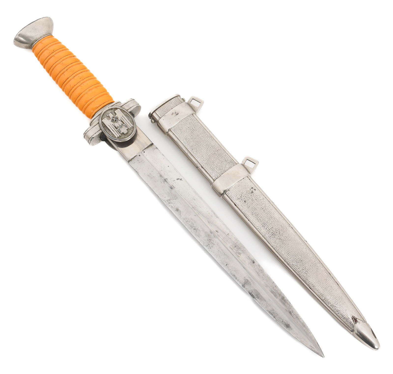WWII GERMAN RED CROSS LEADERS DAGGER: WWII GERMAN RED CROSS LEADERS DAGGER WWII German Red Cross Leader's Dagger. Double edged, bright blade with no visible marks. Leather buffer pad. Nickel-silver hilt with orange celluloid handle. Pebbl