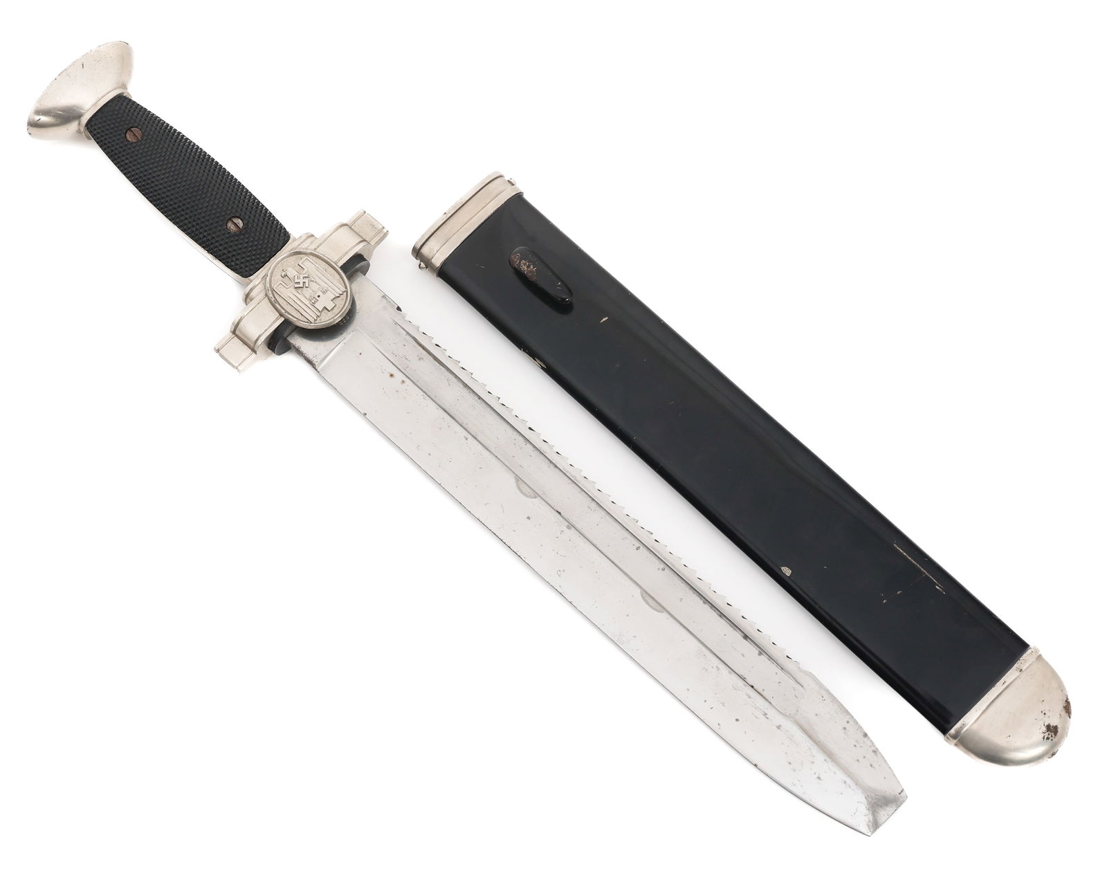 WWII GERMAN RED CROSS ENLISTED HEWER DAGGER: WWII GERMAN RED CROSS ENLISTED HEWER DAGGER WWII German Red Cross Enlisted Man Hewer Dagger. Single edged blade with fuller and sawback spine. Marked Ges. Geschutzt on the ricasso. Leather buffer pad.