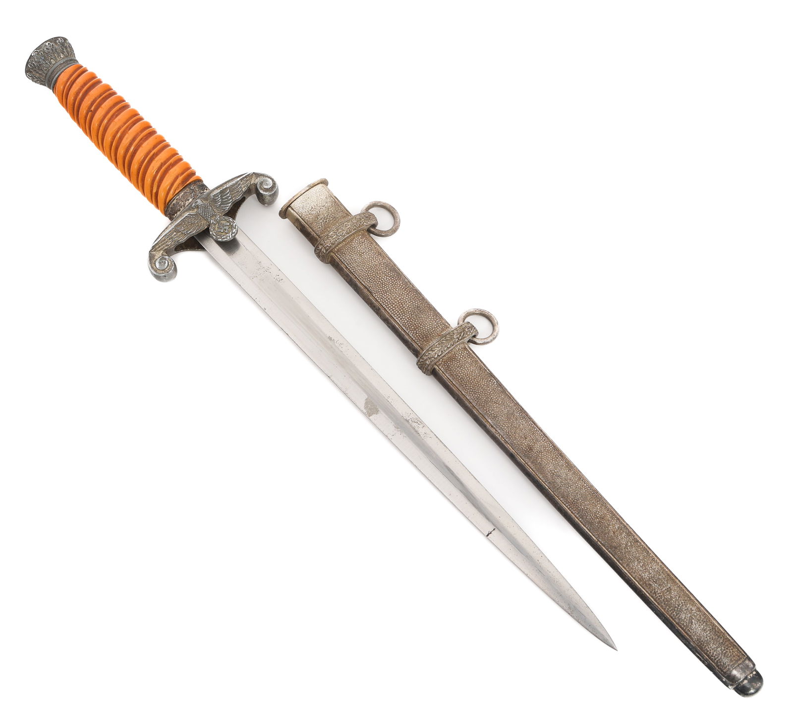 WWII GERMAN ARMY M35 OFFICER DAGGER WITH SCABBARD: WWII GERMAN ARMY M35 OFFICER DAGGER WITH SCABBARD WWII German Heer M35 Officer Dagger. Double edged, bright blade. No visible maker marks. Leather buffer pad. Alloy based hilt, steel ferrule and orang