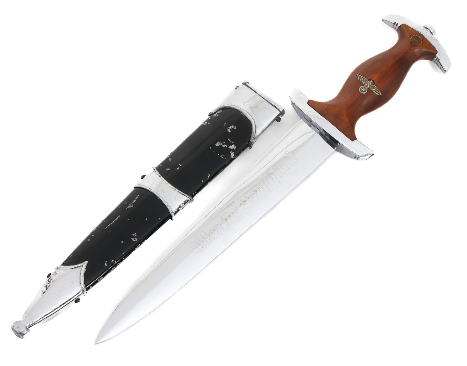 WWII GERMAN M1936 NSKK PARTS CHAIN DAGGER: WWII GERMAN M1936 NSKK PARTS CHAIN DAGGER WWII German NSKK Parts Dagger. Post war production blade maker marked by Ernst Pack & Sohne GmbH, Solingen. Acid etched motto Alles Fur Deutschland. Highly vi