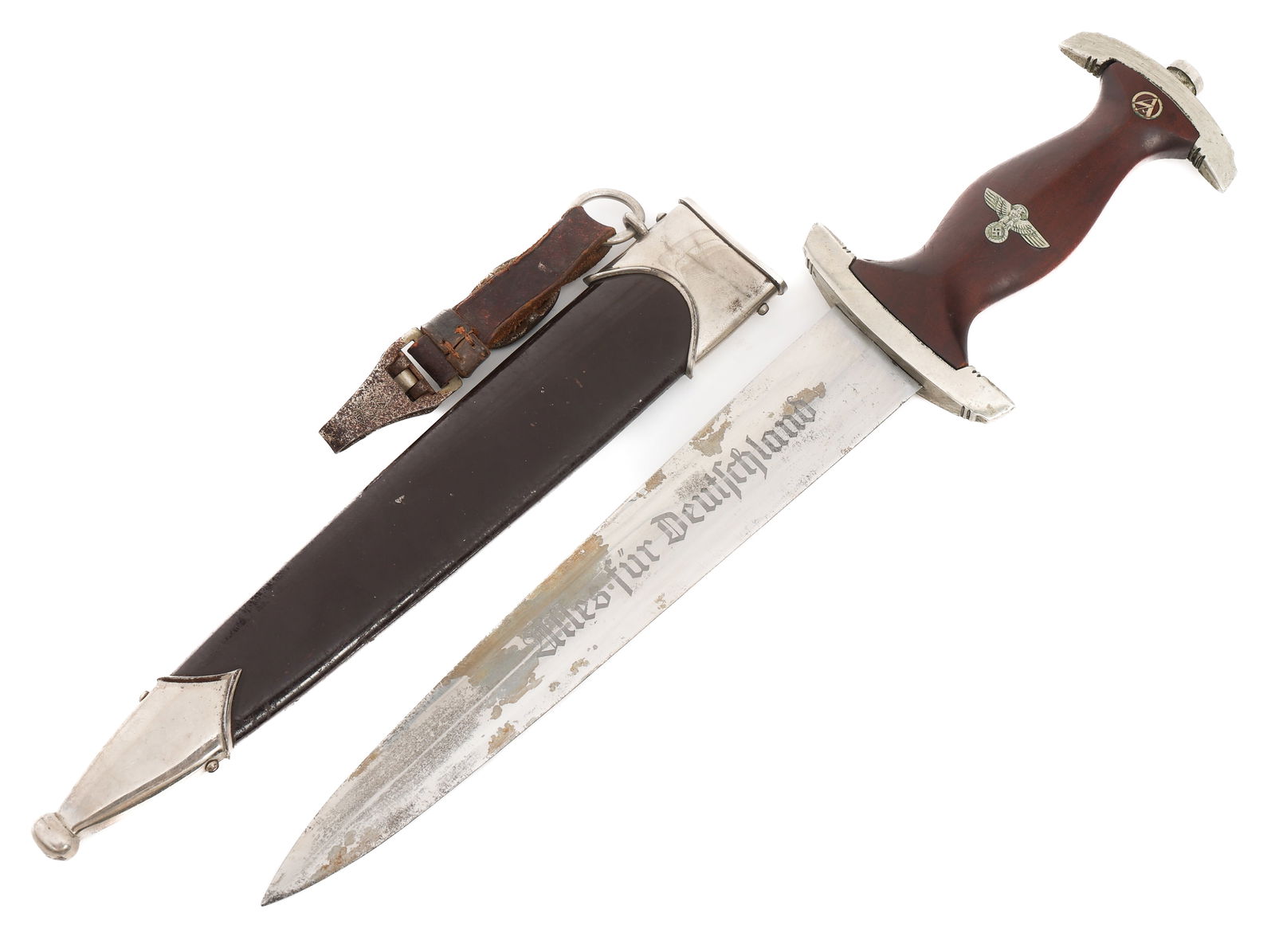 WWII GERMAN NSKK DRESS DAGGER RZM M7/8: WWII GERMAN NSKK DRESS DAGGER RZM M7/8 WWII German NSKK Dress Dagger. Double edged, bright blade with acid etched motto Alles Fur Deutschland on light grey background. Visible crossgrain. Maker mark R
