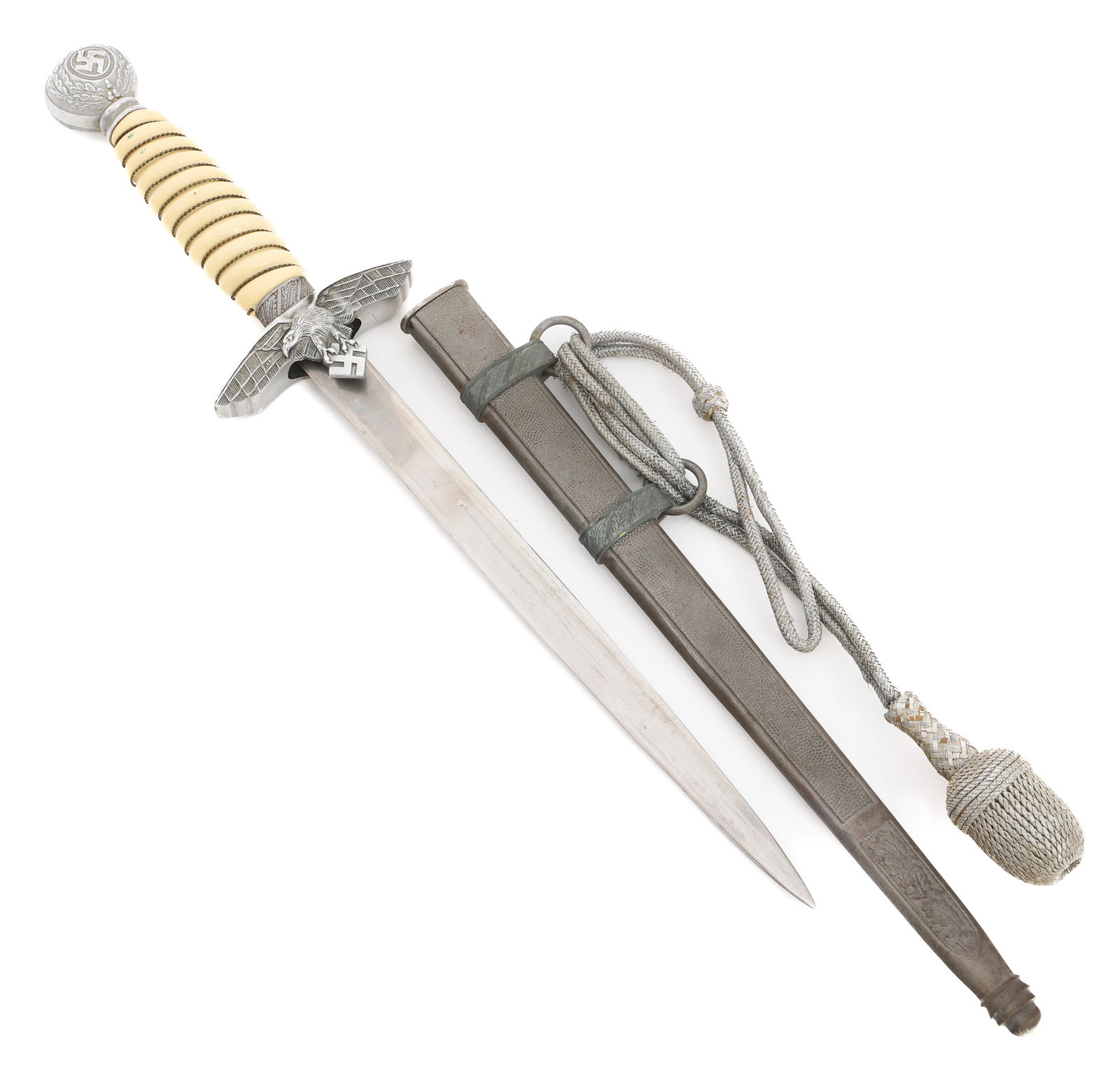 WWII GERMAN LUFTWAFFE OFFICER PARTS DAGGER: WWII GERMAN LUFTWAFFE OFFICER PARTS DAGGER WWII German Luftwaffe 2nd Model Officer Parts Dagger & Scabbard. Post-war, unmarked blade. WWII alloy based hilt, off white celluloid and twisted wire grip.