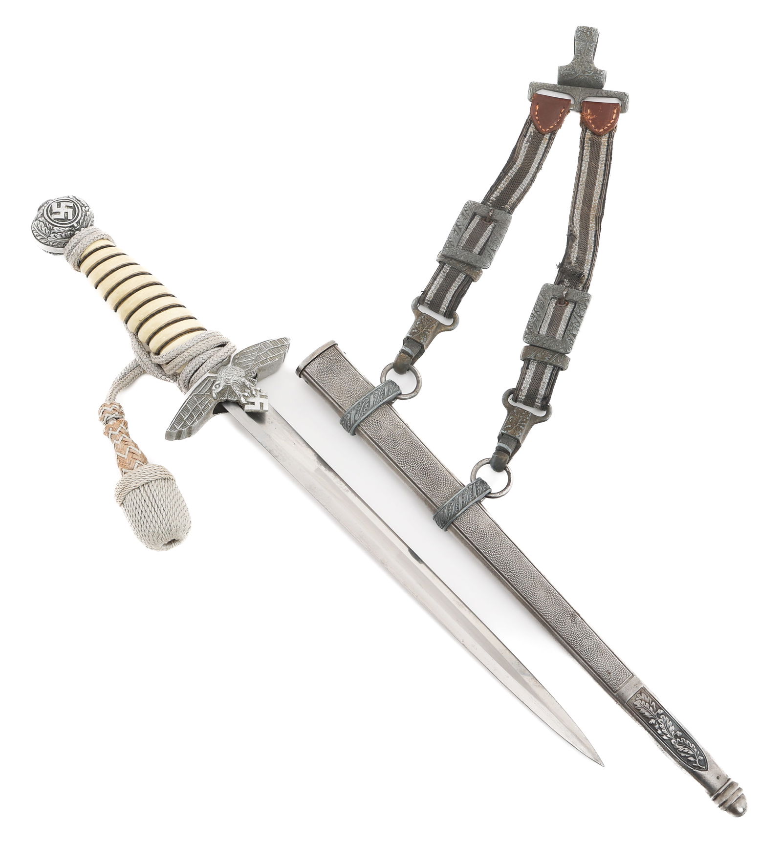 WWII GERMAN LUFTWAFFE 2nd MODEL DAGGER & HANGER: WWII GERMAN LUFTWAFFE 2nd MODEL DAGGER & HANGER WWII German Luftwaffe 2nd Model Officer Dress Dagger. Double edged, bright blade. No visible maker marks. Leather buffer pad. Nickel-silver hilt with st