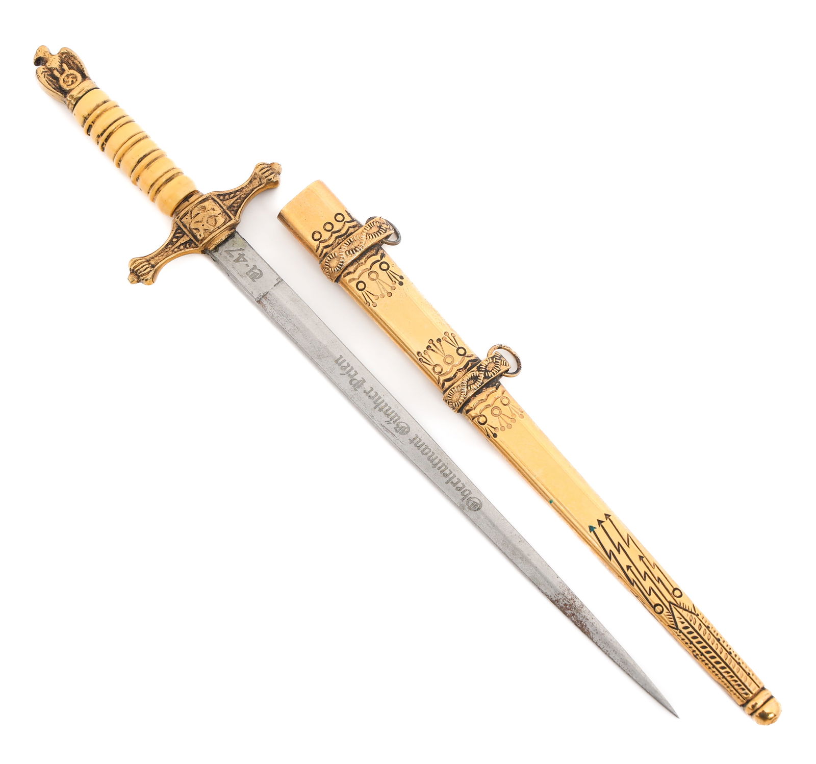 WWII U-BOAT GUNTHER PRIEN NAMED MINI DAGGER: WWII U-BOAT GUNTHER PRIEN NAMED MINI DAGGER WWII German Kriegsmarine Oberleutnant G?nther Prien Named Miniature Dagger. Double edged blade etched Oberleutnant G?nther Prien on the midsection. Marked U