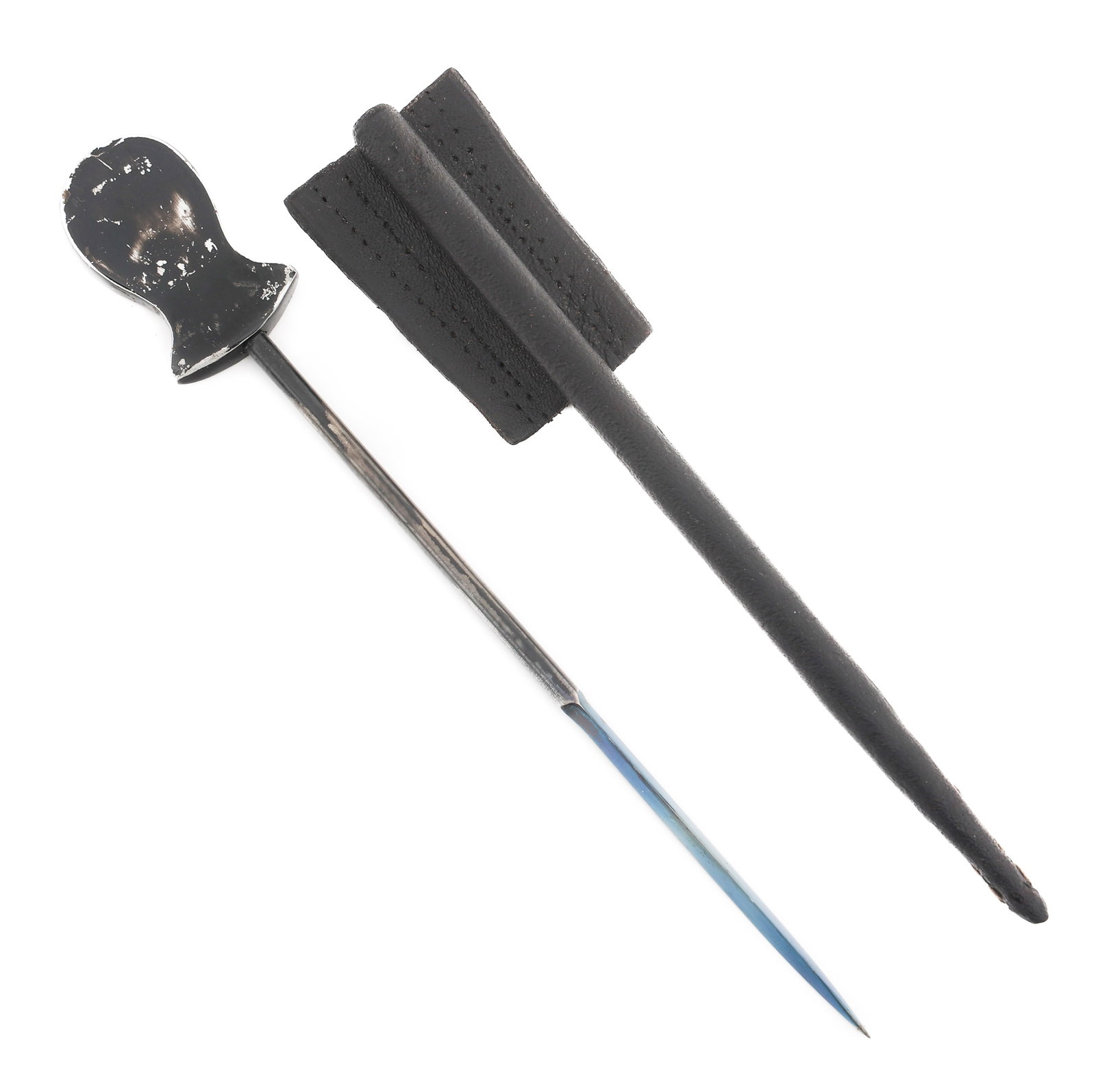 WWII BRITISH SOE UNDERCOVER HAIR PIN WITH SHEATH: WWII BRITISH SOE UNDERCOVER HAIR PIN WITH SHEATH WWII British SOE Undercover Hair Pin. Blued steel triangular blade. Black painted alloy based handle. Leather sheath. Blade Length: 5 1/4" Total Length