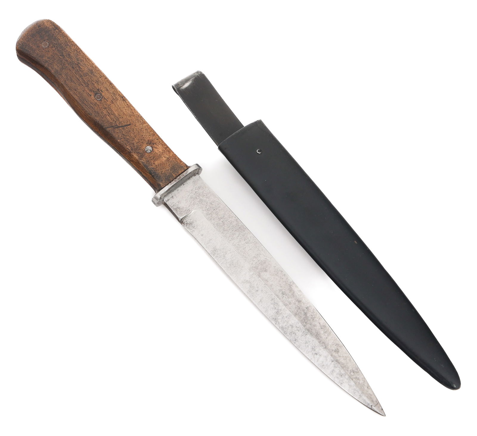 IMPERIAL GERMAN BOOT KNIFE & STEEL SCABBARD: IMPERIAL GERMAN BOOT KNIFE & STEEL SCABBARD Imperial German Boot Knife. Single edged, bright blade. No visible marks. Full tang construction with steel guard and wood grips. Black painted steel scabba