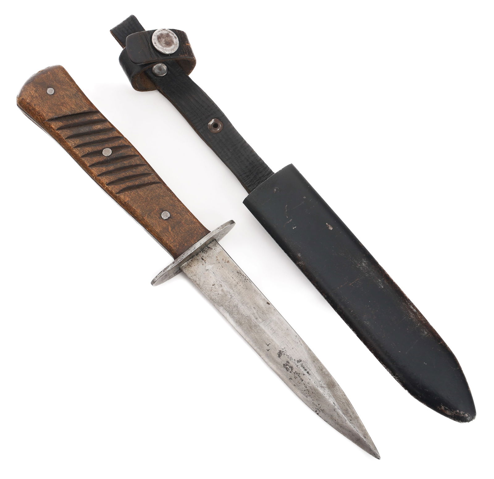 IMPERIAL GERMAN BOOT KNIFE with SCABBARD: IMPERIAL GERMAN BOOT KNIFE with SCABBARD Imperial German Boot Knife. Single edged, bright blade. No visible marks. Full tang construction with steel guard and wood grips. Black painted steel scabbard.