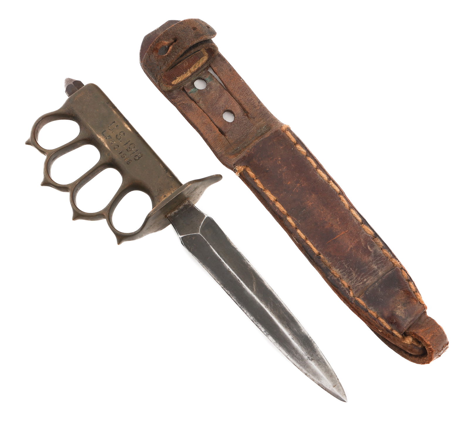 US ARMY M1918 TRENCH KNIFE by L.F. & C.: US ARMY M1918 TRENCH KNIFE by L.F. & C. US Army Model 1918 Trench Knife. Double edged, blued blade. Brass knuckle hilt with steel skull crusher pommel. U.S. 1918 L.F.&C. 1918 stamped on the grip. Leat