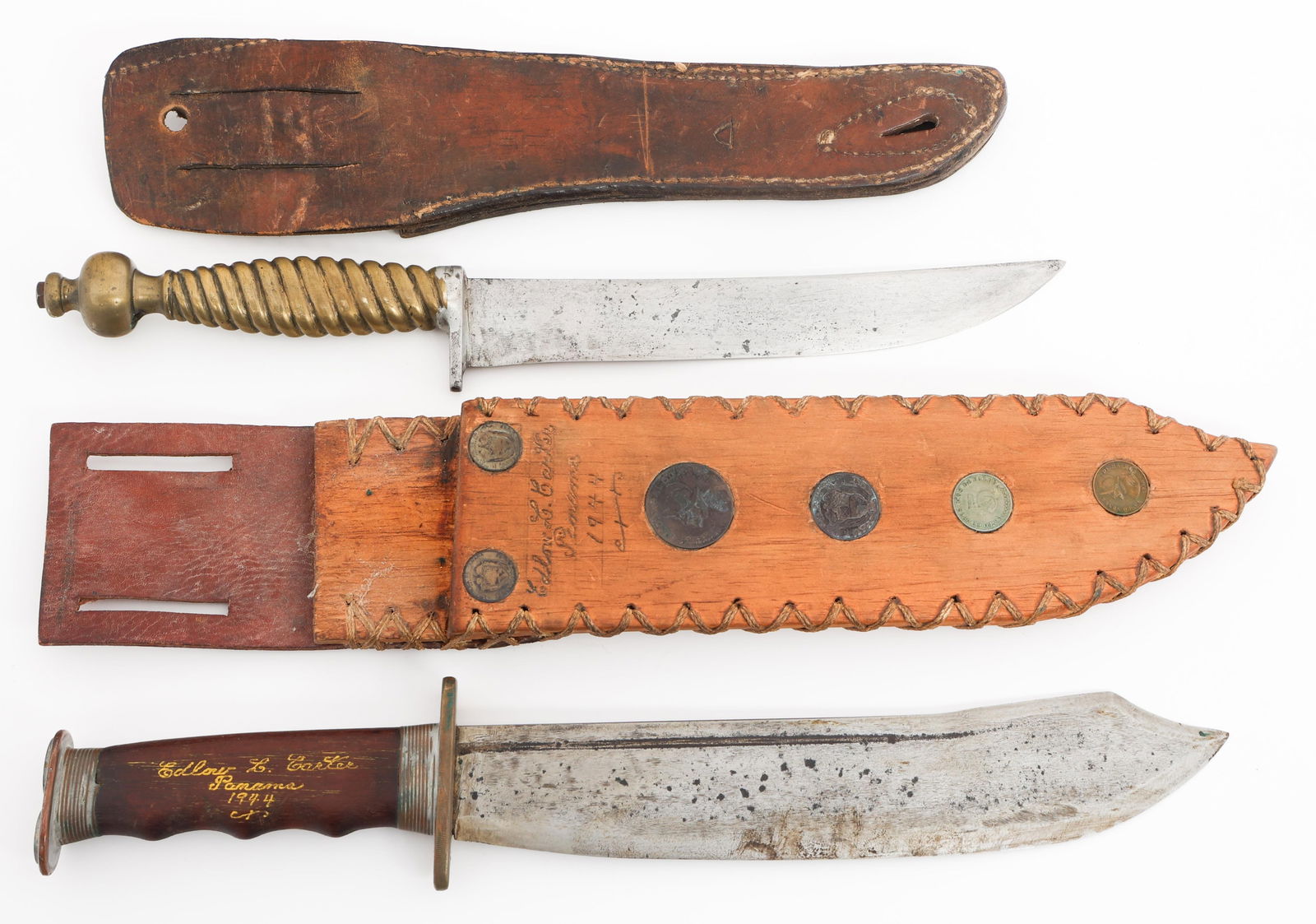 WWII US ARMY THEATER MADE FIGHTING KNIVES: WWII US ARMY THEATER MADE FIGHTING KNIVES WWII US Army Theater Made Fighting Knives. (1) Fighting Knife. Single edged, bright blade with fuller. Wood and brass hilt. Decorated with Ecuador and Panama
