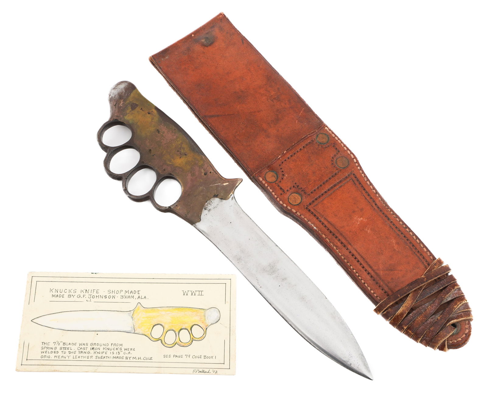 WWII GF JOHNSON KNUCKLE KNIFE WITH SCABBARD: WWII GF JOHNSON KNUCKLE KNIFE WITH SCABBARD WWII GF Johnson Knuckle Knife. Double edged, bright blade. Brass hilt with knuckle guard. Leather sheath. Includes illustration card by R. Ballard. Pictured