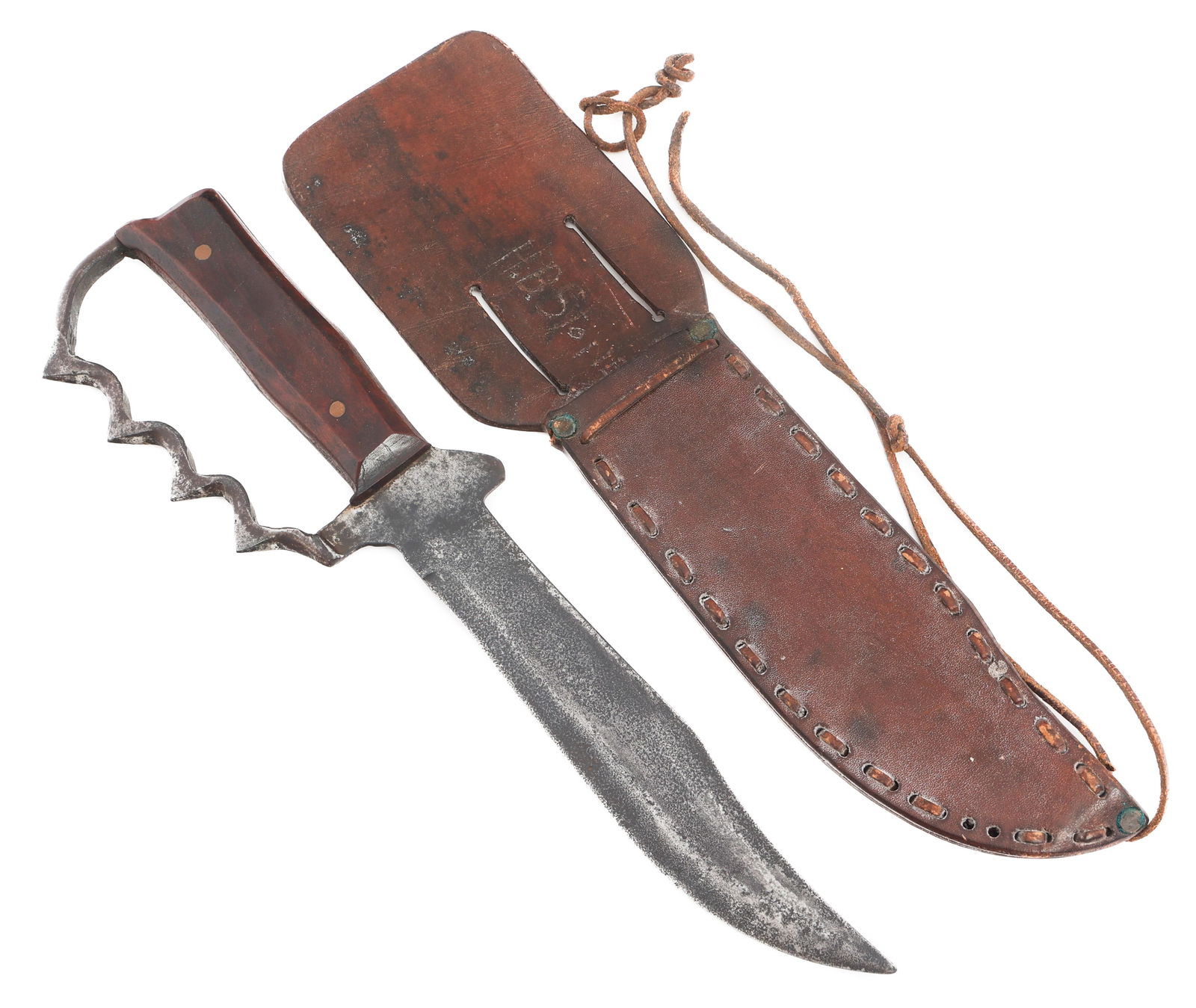 WWII US KEPHART KNUCKLE KNIFE WITH SHEATH: WWII US KEPHART KNUCKLE KNIFE WITH SHEATH WWII US Kephart Knuckle Knife. Single edged scimitar style blade. Full tang construction with knuckle guard. Wood grips with one marked Kephart. Leather sheat