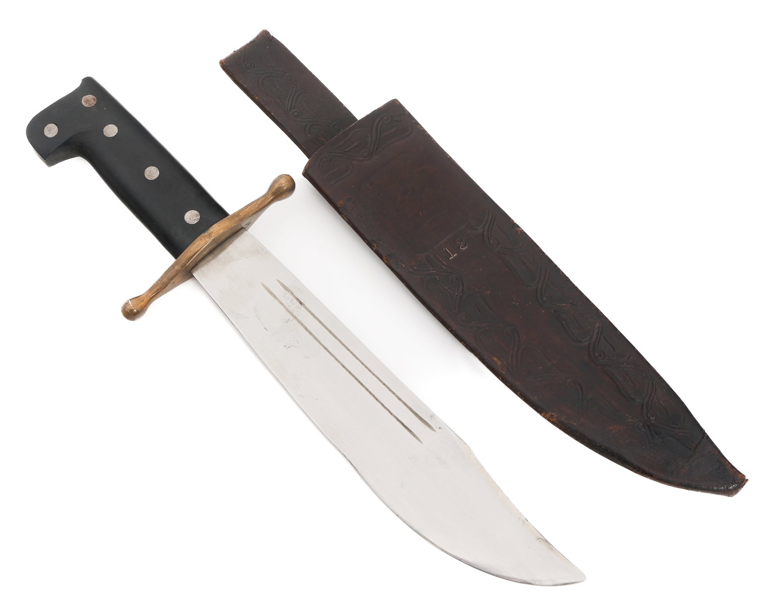 WWII US ARMY V-44 COLLINS No18 SURVIVAL KNIFE: WWII US ARMY V-44 COLLINS No18 SURVIVAL KNIFE WWII US Army V-44 Collins Survival Knife. Type I with heavy duty clip point, bright blade. Stamped on the ricasso Collins & Co, Legitimus, Made in USA, No