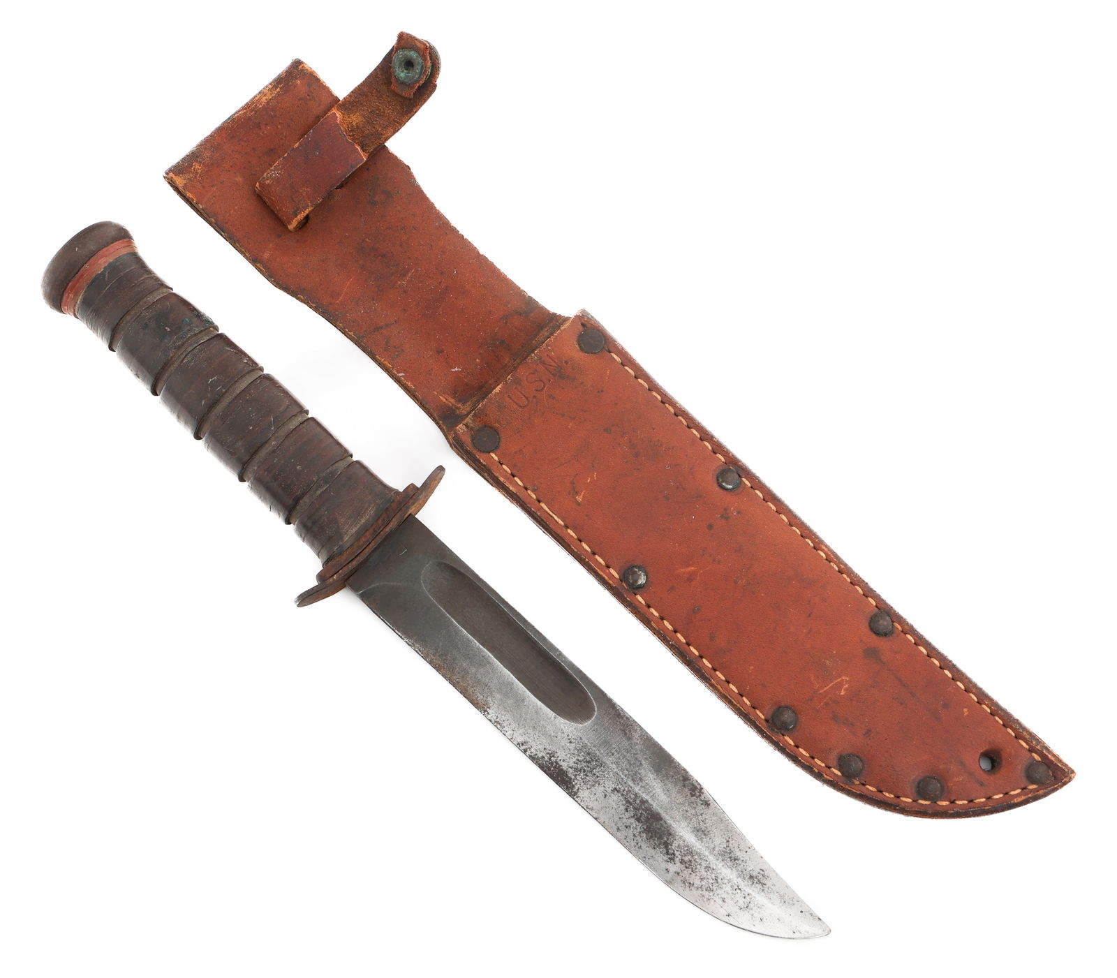 WWII US NAVY PAL MARK 2 RED SPACERS COMBAT KNIFE: WWII US NAVY PAL MARK 2 RED SPACERS COMBAT KNIFE WWII USN PAL Mark 2 Fighting / Utility Knife. Clip point blade with fuller. Stamped PAL on one side of the ricasso. Stacked leather handle with red spa