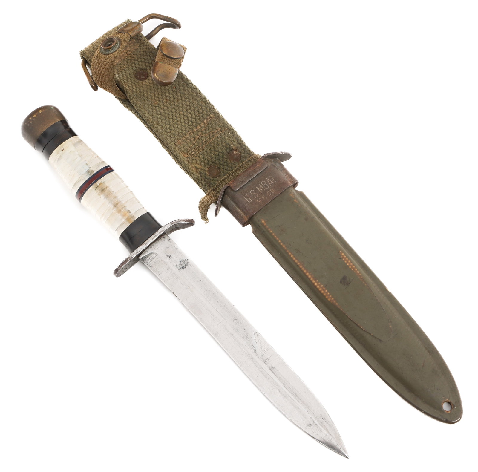 WWII US M3 FIGHTING KNIFE By UTICA CUSTOM HANDLE: WWII US M3 FIGHTING KNIFE By UTICA CUSTOM HANDLE WWII US Army Customized M3 Combat / Fighting Knife with USM8A1 Scabbard. Polished spear point blade, maker marked under the crossguard US M3 UTICA. Sta