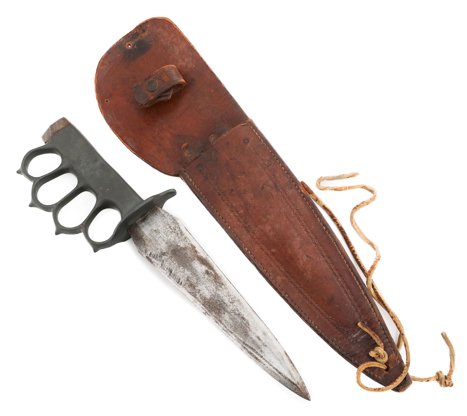 WWII CUSTOM KNUCKLEDUSTER TRENCH KNIFE WITH SHEATH: WWII CUSTOM KNUCKLEDUSTER TRENCH KNIFE WITH SHEATH WWII Custom Knuckleduster Trench Knife. Double edged blade. No visible marks. Cast aluminum hilt with knuckle duster guard. Leather sheath. Blade Len