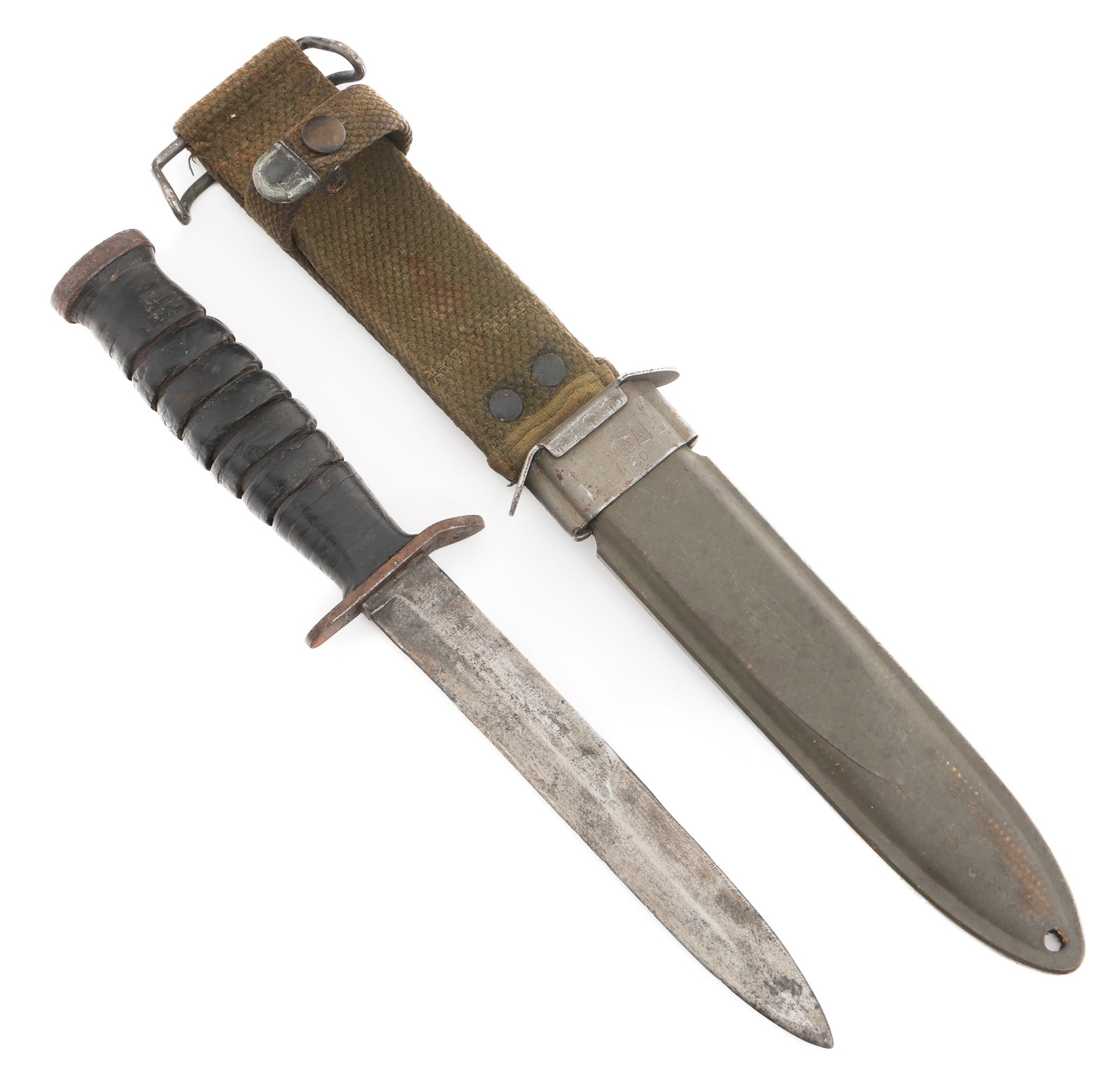 WWII US ARMY M3 COMBAT KNIFE & USM8A1 SCABBARD: WWII US ARMY M3 COMBAT KNIFE & USM8A1 SCABBARD WWII US Army M3 Fighting Knife with USM8A1 Scabbard. Post war commercial release with ground maker mark under the guard, only US remains. Spear point, br