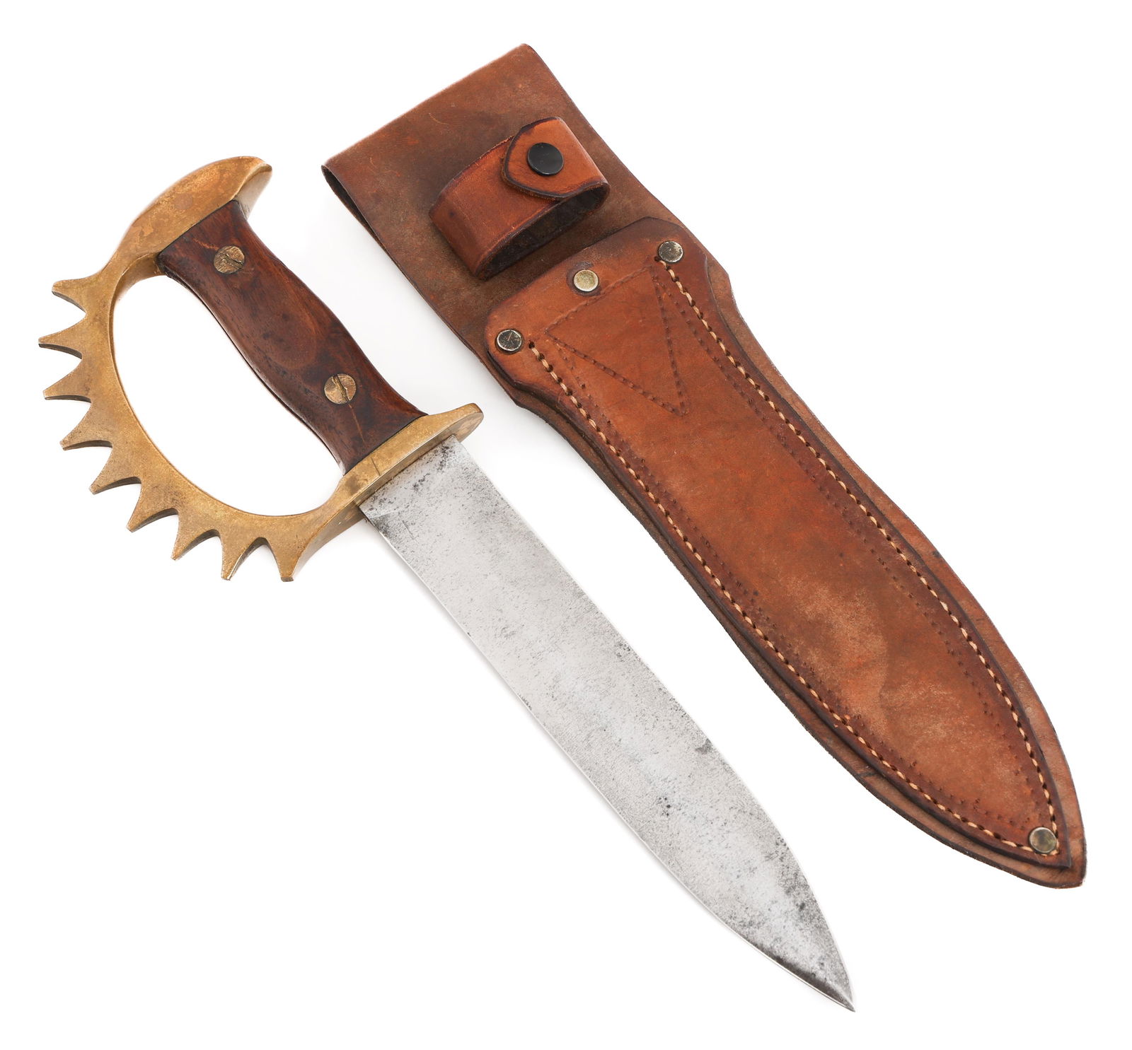 WWII M.H. COLE 9-POINT KNUCKLE FIGHTING KNIFE: WWII M.H. COLE 9-POINT KNUCKLE FIGHTING KNIFE Scarce WWII M.H. Cole 9-Point Knuckle Fighting Knife. Only 50-75 examples of the Cole 9-point knuckles are known to have been produced. Double edged, stra