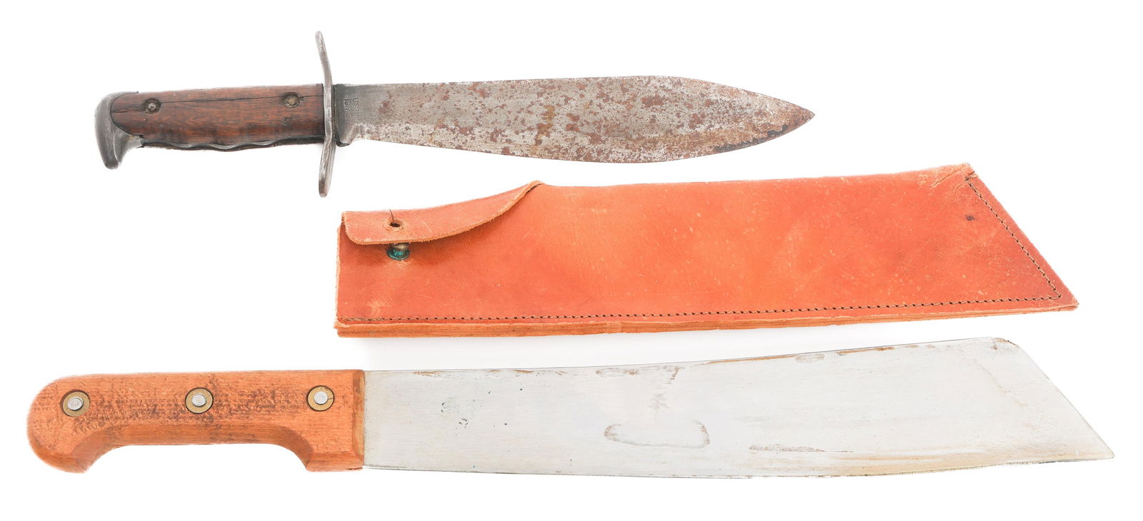 WWI US PLUMB BOLO KNIFE & FRENCH COUP-COUP MACHETE: WWI US PLUMB BOLO KNIFE & FRENCH COUP-COUP MACHETE WWI US Plumb Bolo Knife and French Laurec Machete. (1) Plumb Bolo Knife. Marked by Plumb and dated 1918 on one side of the ricasso, U.S. MOD 1917 C.T