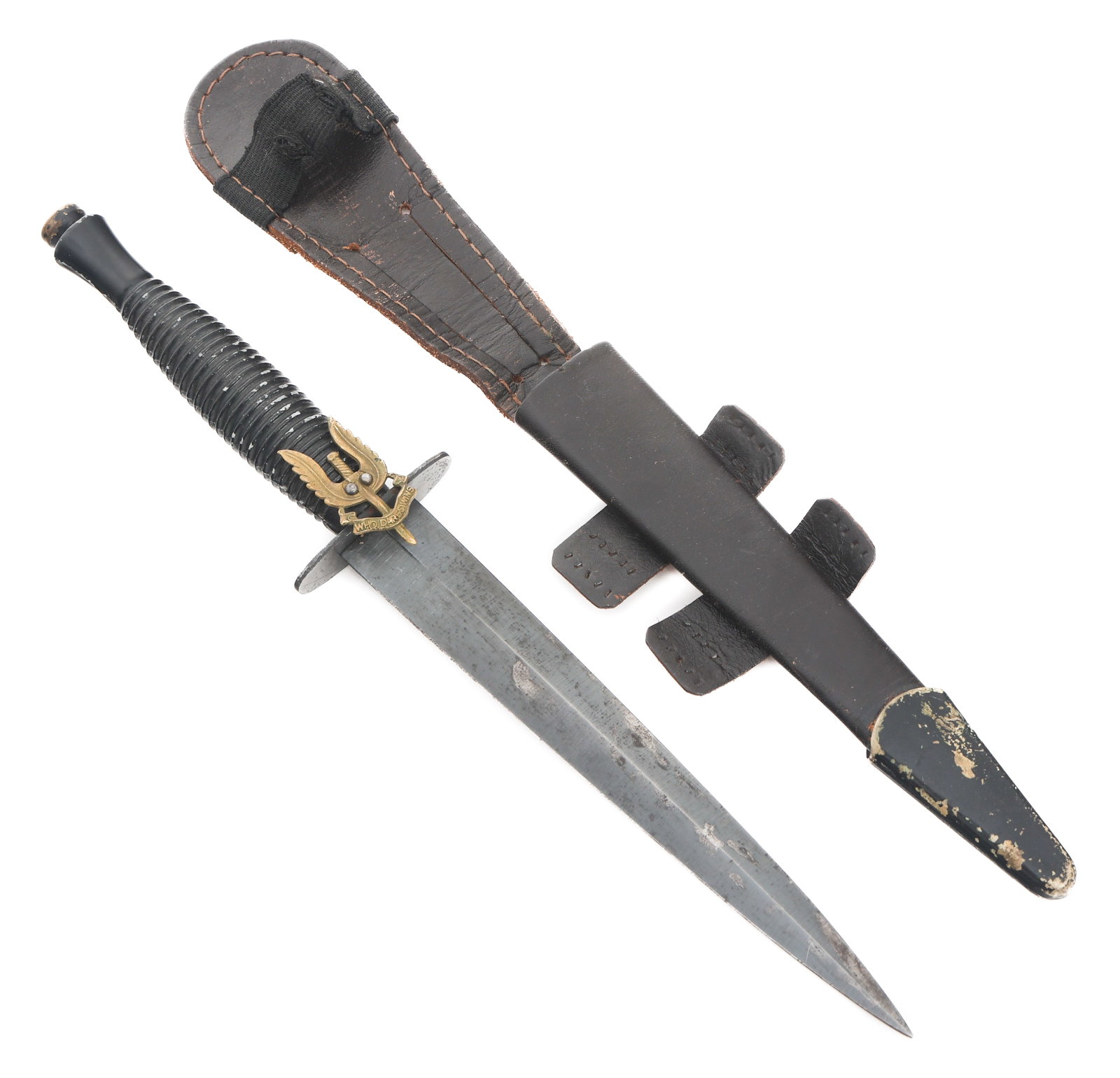 COLD WAR ERA FAIBAIRN SYKES 3rd PATTERN KNIFE: COLD WAR ERA FAIBAIRN SYKES 3rd PATTERN KNIFE Cold War Era Fairbairn Sykes 3rd Pattern Knife. Double edged, blued blade. Stamped Sheffield England under the guard. SAS insignia applied to the crossgua