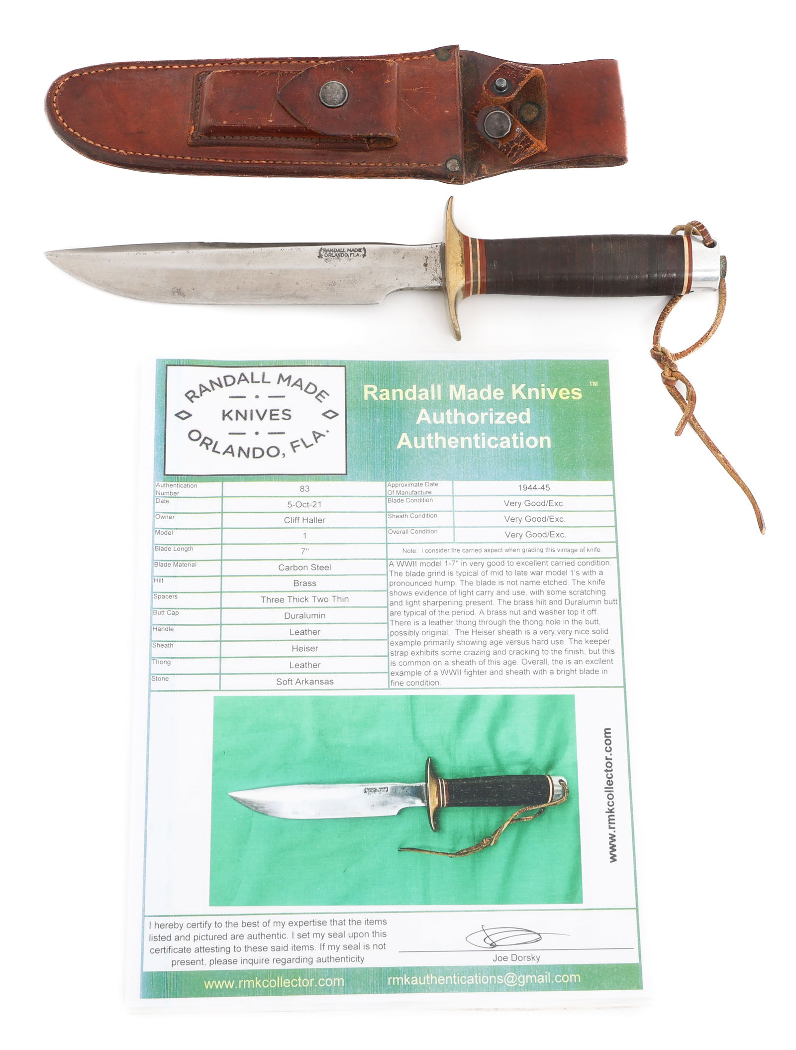 1944 RANDALL MODEL 1-7 ALL PURPOSE FIGHTING KNIFE: 1944 RANDALL MODEL 1-7 ALL PURPOSE FIGHTING KNIFE 1944 WWII Randall Model 1-7 All Purpose Fighting Knife. Owned by Colonel Lewis Andrew Day, CBI veteran. Single edged, bright, stainless steel blade. M
