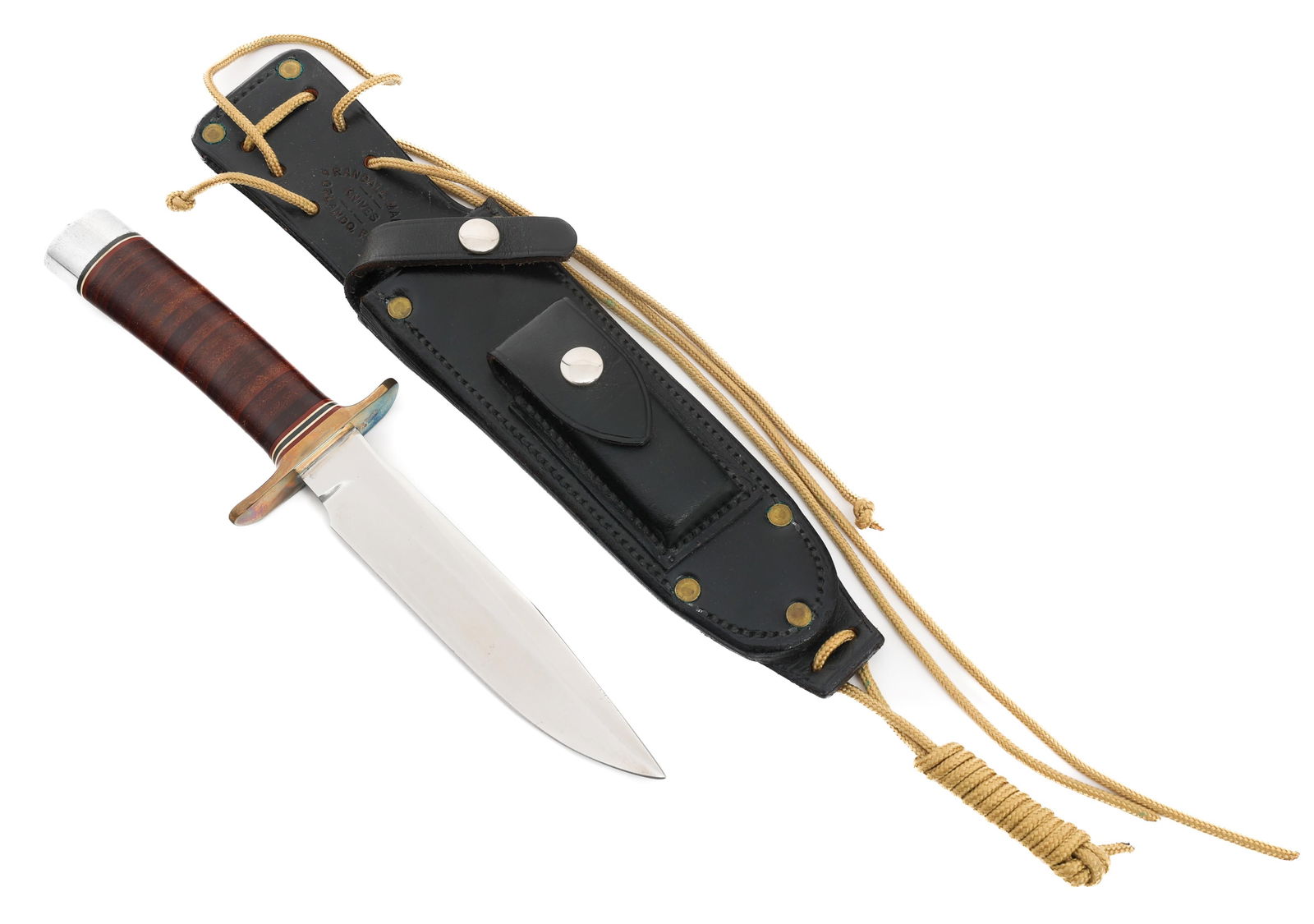 RANDALL MODEL 1 ALL PURPOSE FIGHTING KNIFE: RANDALL MODEL 1 ALL PURPOSE FIGHTING KNIFE Randall Model 1 All Purpose Fighting Knife. Single edged, bright blade. Maker mark of Randall Made Orlando, Fla stamped near the spine. Double brass hilt. Wa