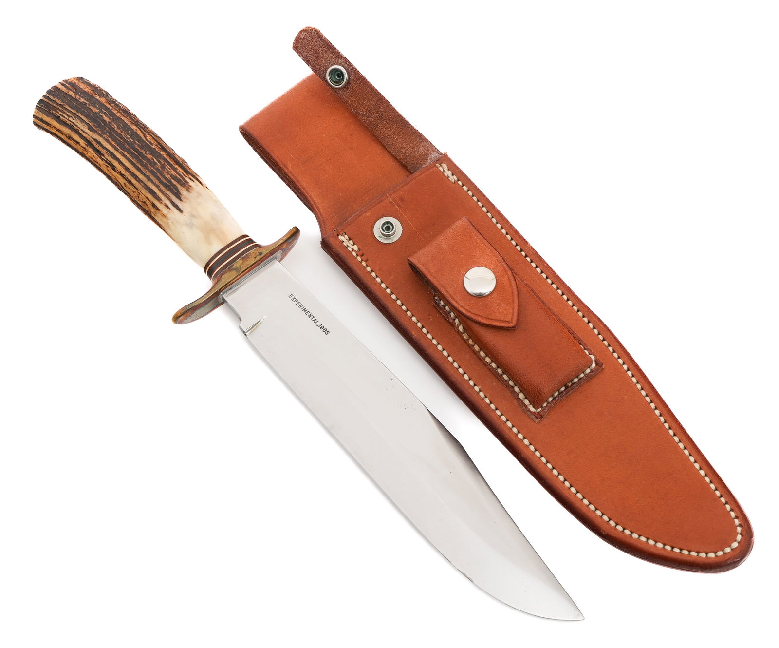 RANDALL - EIG CUTLERY EXPERIMENTAL BOWIE KNIFE: RANDALL - EIG CUTLERY EXPERIMENTAL BOWIE KNIFE Randall - EIG Cutlery Experimental Bowie Knife. Single edged, bright blade. Marked Original Bowie Knife and Experimental 1965 near the spine. Maker marke