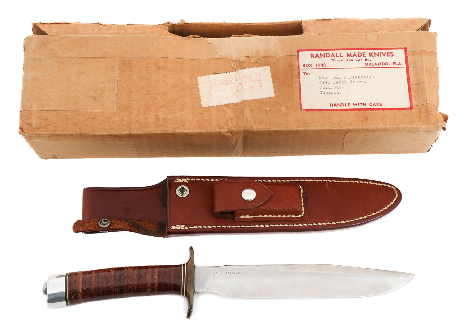 1960s RANDALL MODEL 1 DROPPED S FIGHTING KNIFE: 1960s RANDALL MODEL 1 DROPPED S FIGHTING KNIFE Randall Model 1 All Purpose Fighting Knife. Single edged, bright blade. Maker mark of Randall Made Orlando, Fla and dropped S stamped near the spine on o