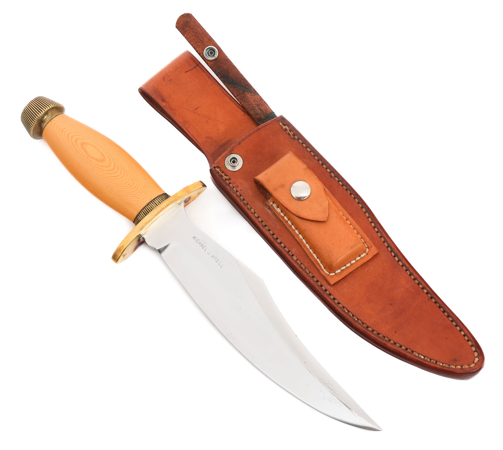 RANDALL SCRIMSHAW MODEL 12 8" BIG BEAR BOWIE KNIFE: RANDALL SCRIMSHAW MODEL 12 8" BIG BEAR BOWIE KNIFE Randall Scrimshaw Model 12 - 8" Big Bear Bowie Knife. Single edged, bright blade. Maker mark of Randall Made Orlando, Fla stamped on one side near th