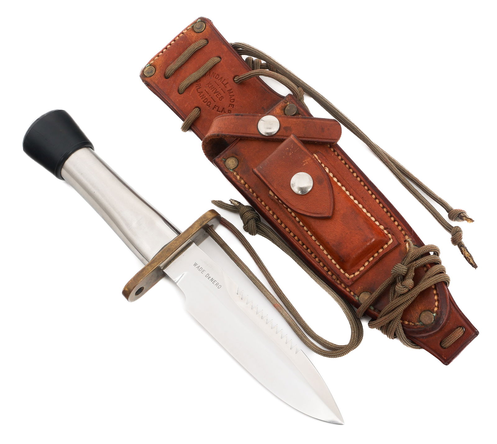 RANDALL MODEL 18 ATTACK SURVIVAL KNIFE WITH SHEATH: RANDALL MODEL 18 ATTACK SURVIVAL KNIFE WITH SHEATH Randall Model 18 Attack Survival Knife. Single edged, bright blade with serrated spine. Maker mark of Randall Made Orlando, Fla stamped on one side n