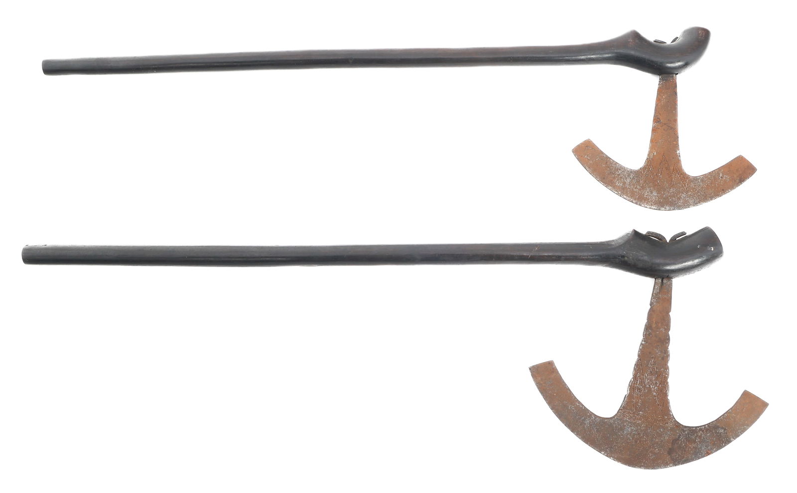 AFRICAN TRIBE CEREMONIAL HATCHETS: AFRICAN TRIBE CEREMONIAL HATCHETS African Tribe Ceremonial Hatchets. (2) Steel blades with ornate etchings. Wood handles. Blade Length: 5" Total Length: 19.5"