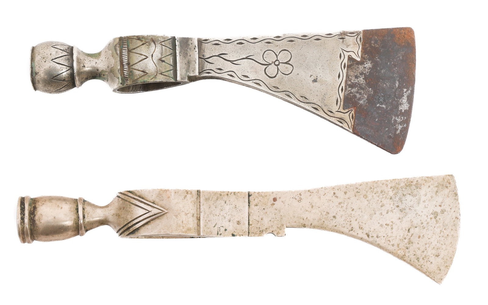 19th C. PEACE PIPE TOMAHAWK HEADS: 19th C. PEACE PIPE TOMAHAWK HEADS 19th C. Peace Pipe Tomahawk Heads. (1) Tomahawk Head with Iron Blade. Stamped MONTREAL above floral decoration on side. Marked 1 1/2 on spine. Blade Length: 2 1/2". T