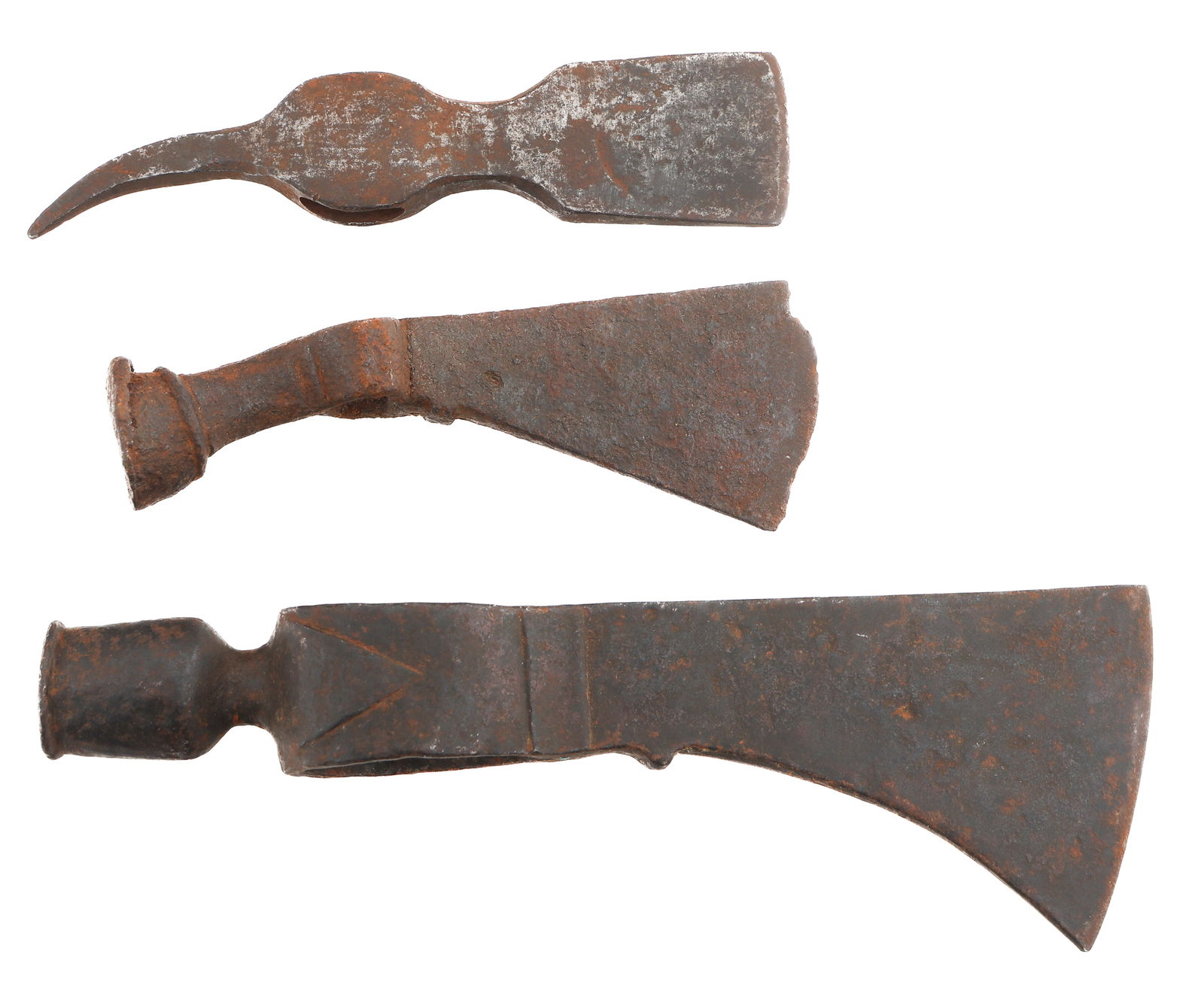 19th C. PEACE PIPE TOMAHAWK & AXE HEADS: 19th C. PEACE PIPE TOMAHAWK & AXE HEADS 19th C. Peace Pipe Tomahawk and Axe Heads. (2) Cast Iron Peace Pipe Tomahawk Heads. (1) Cast Iron 19th C. Axe and Pick Head. Blade Length: 1 1/3" to 2 3/4" Tota