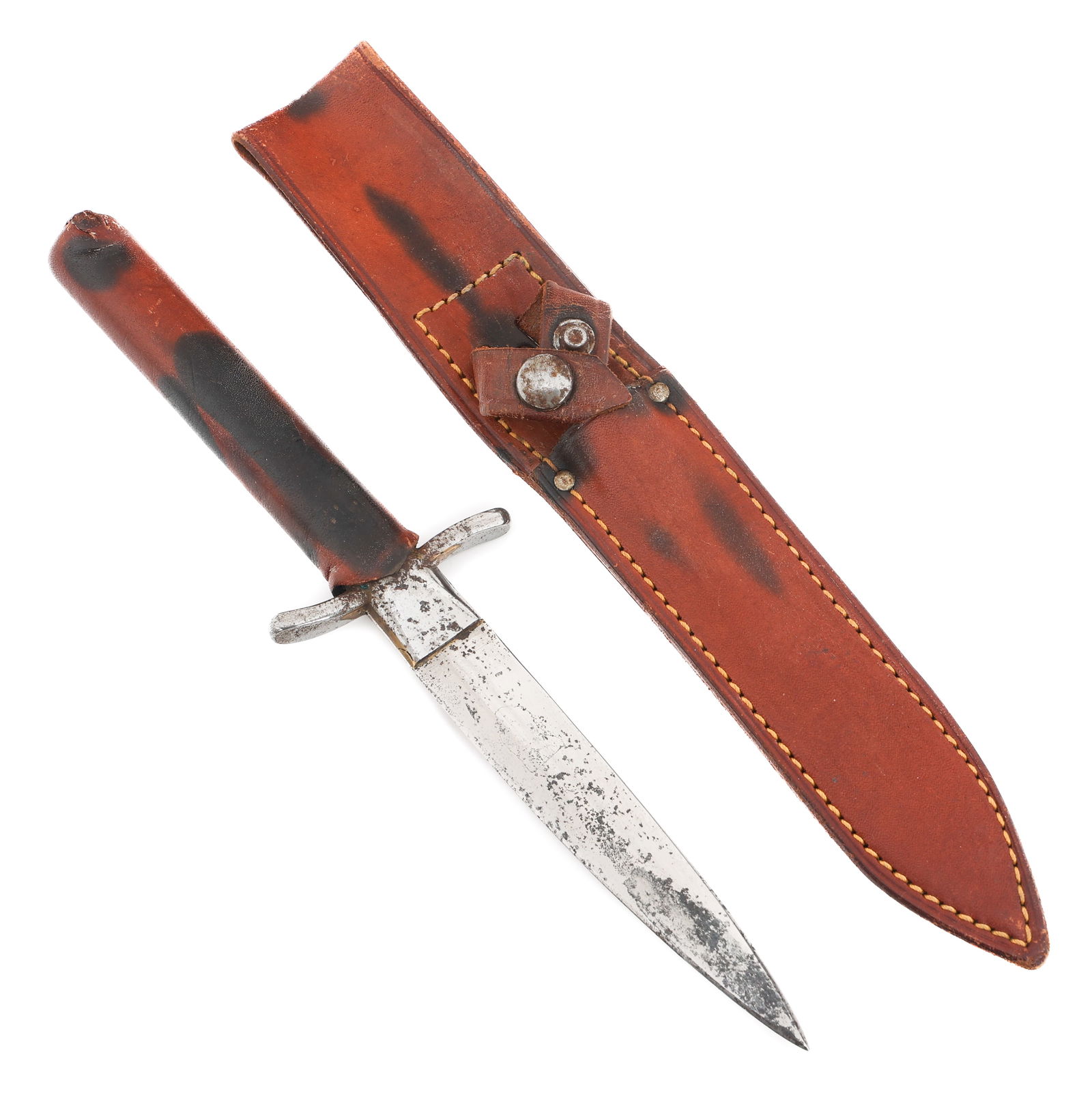 DAGGER by PHILADELPHIA KNIFE CRAFTERS: DAGGER by PHILADELPHIA KNIFE CRAFTERS Dagger Knife by Philadelphia Knife Crafters. Double edged, bright blade. Steel crossguard with leather wrapped handle. Leather sheath. Featured on Page 250 of "Al